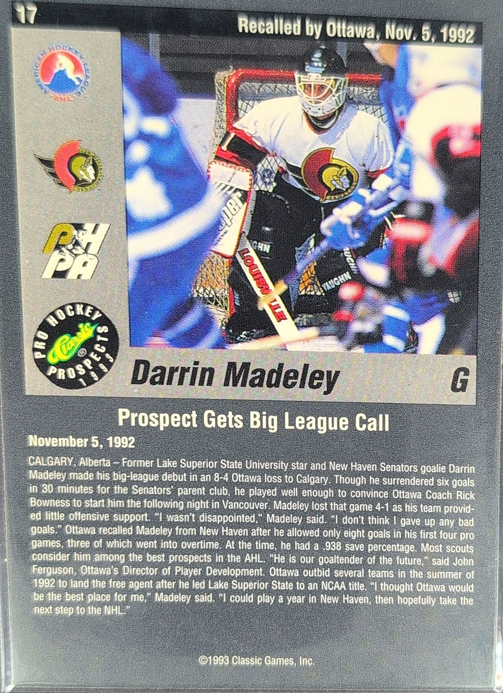 1993 Classic Pro Prospects Darrin Madeley #17 New Haven Senators back