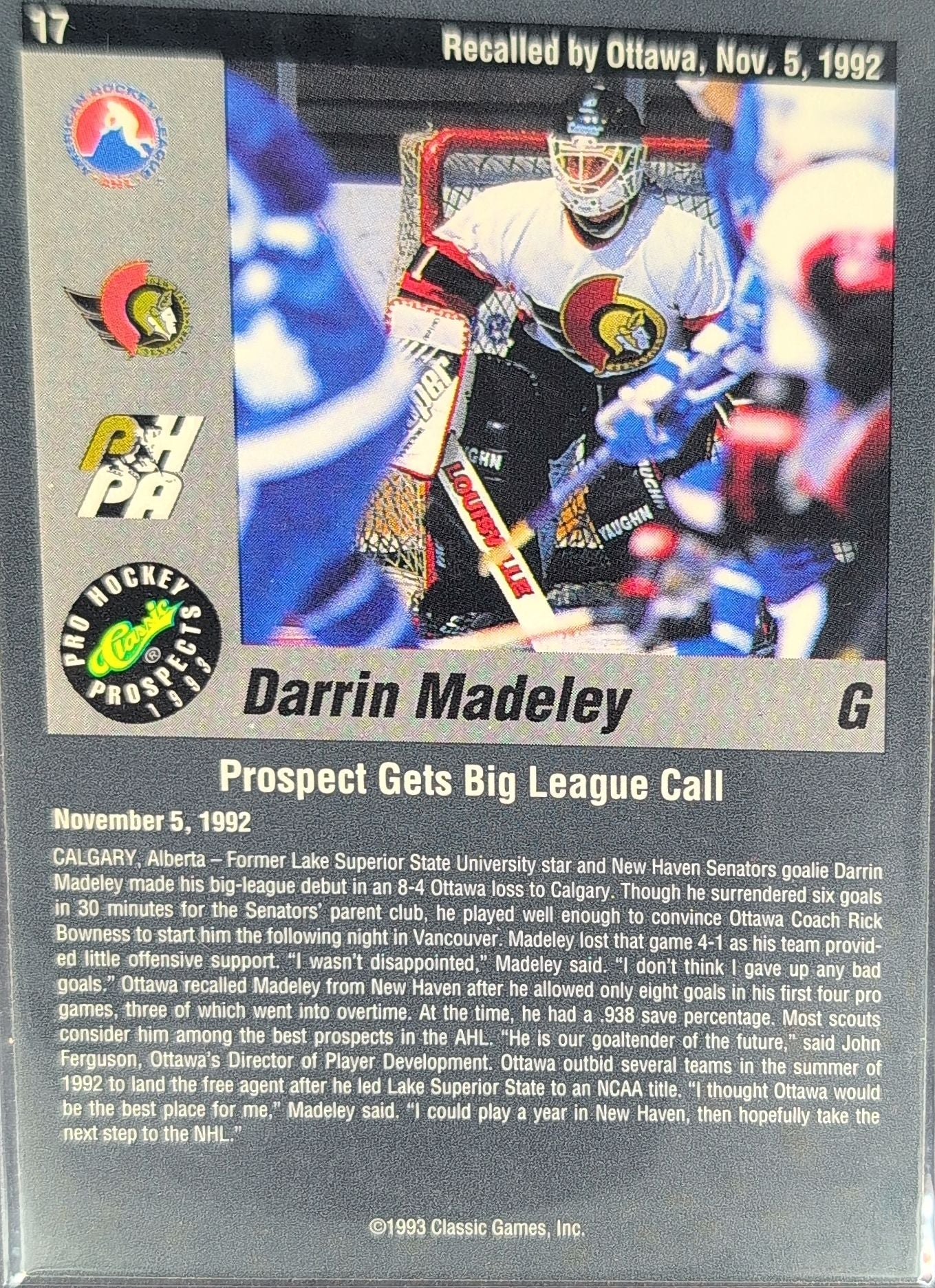 1993 Classic Pro Prospects Darrin Madeley #17 New Haven Senators back