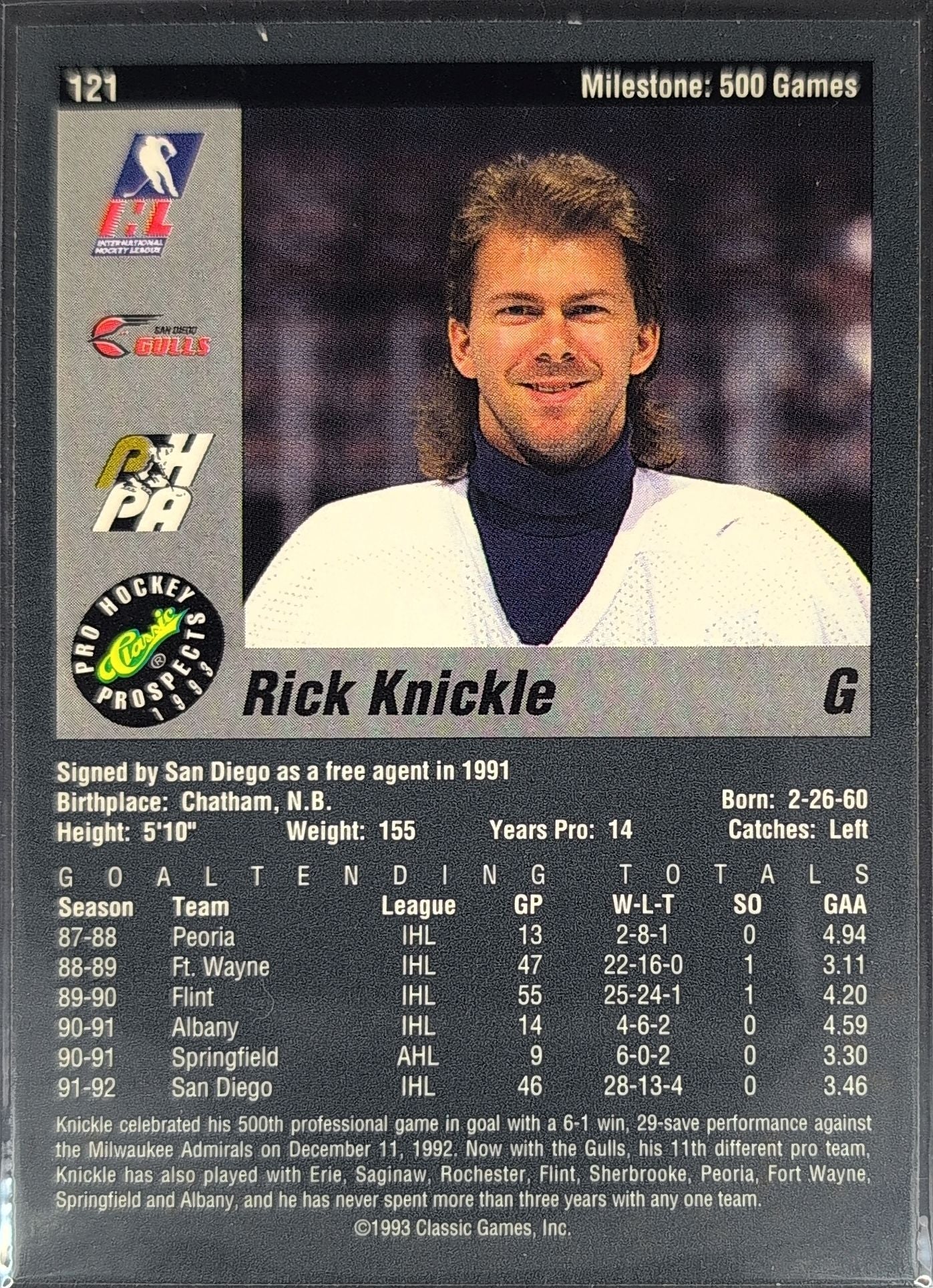 1993 Classic Pro Prospects Rick Knickle #121 San Diego Gulls back