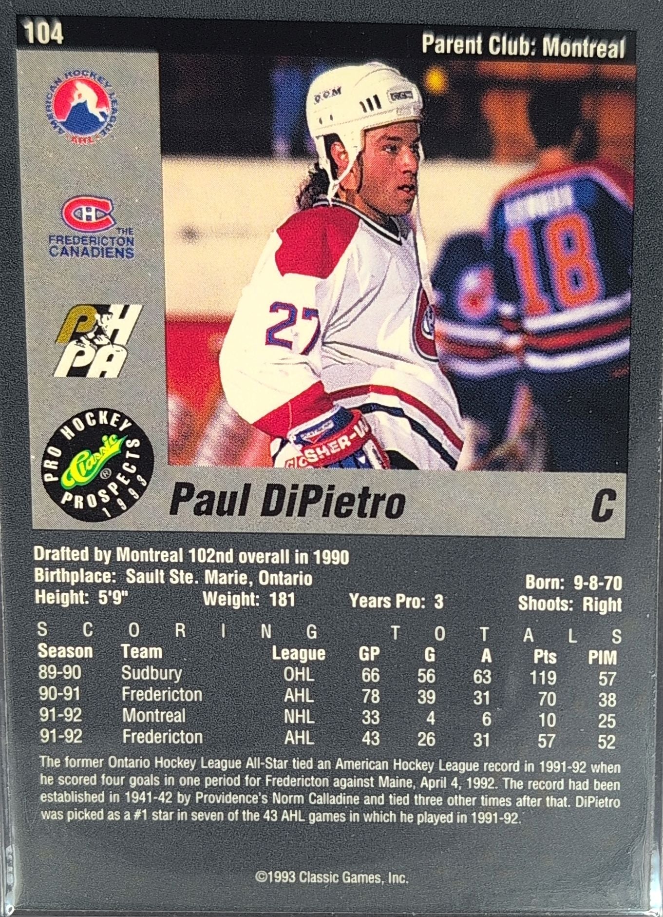 1993 Classic Pro Prospects Paul DiPietro #104 Fredericton Canadiens back