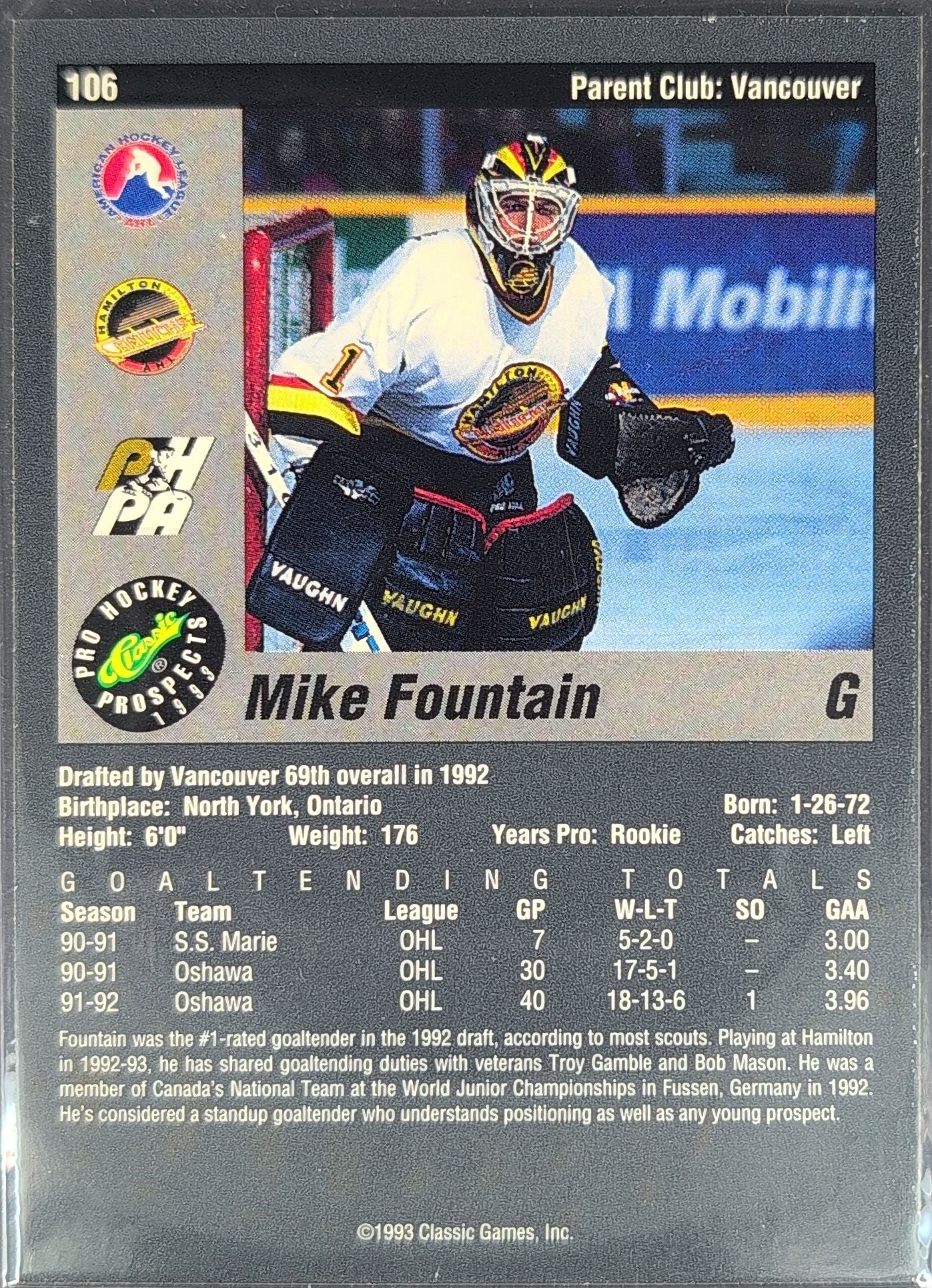 1993 Classic Pro Prospects Mike Fountain #106 Hamilton Canucks back