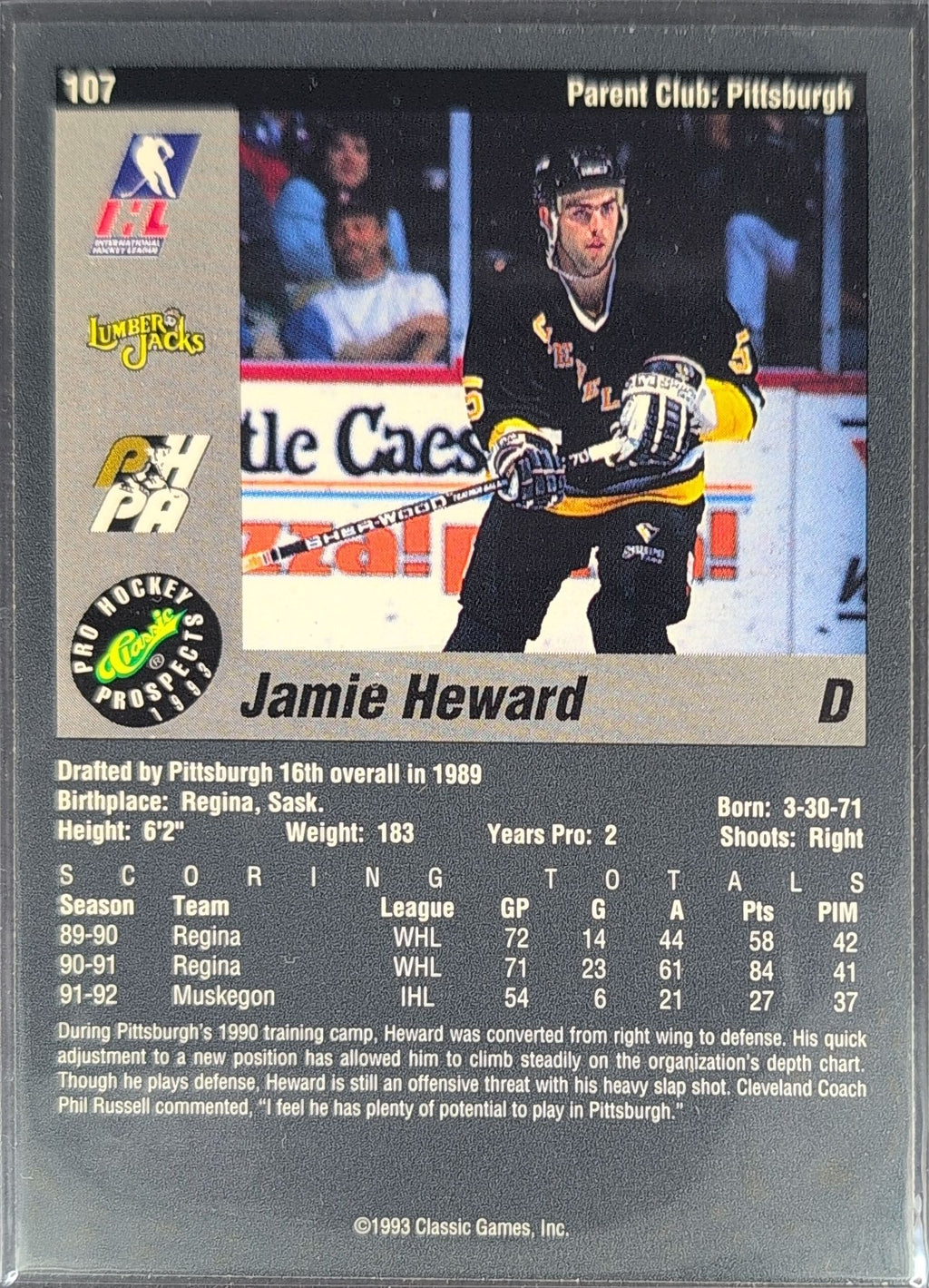 1993 Classic Pro Prospects Jamie Heward #107 Cleveland Lumberjacks back