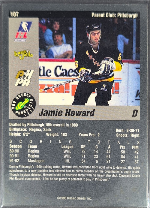 1993 Classic Pro Prospects Jamie Heward #107 Cleveland Lumberjacks back