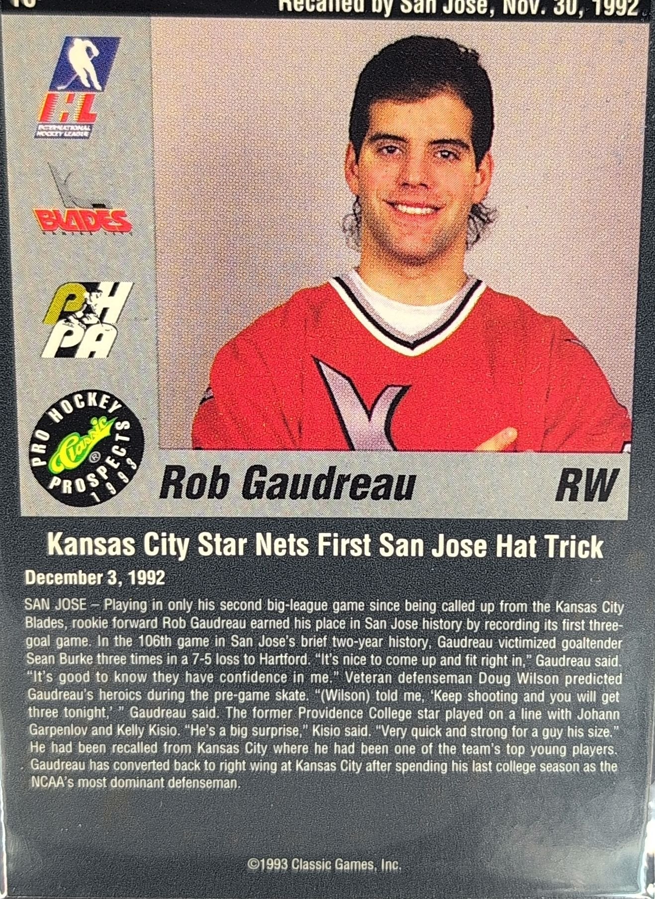 Rob Gaudreau 1993 Classic Pro Prospects #PR3 Prototypes Kansas City Blades - back image