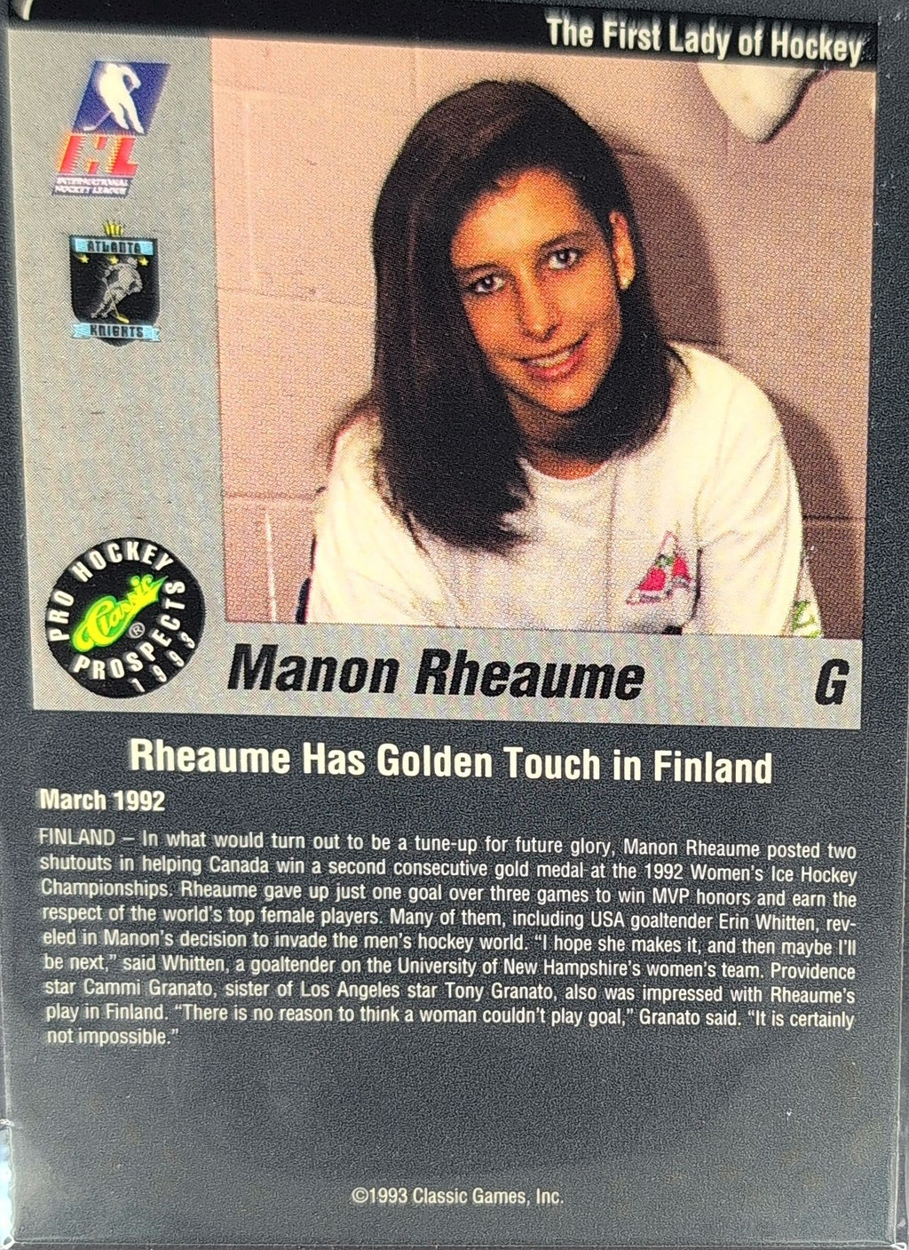 1993 Classic Pro Prospects Manon Rheaume #7 Atlanta Knights back