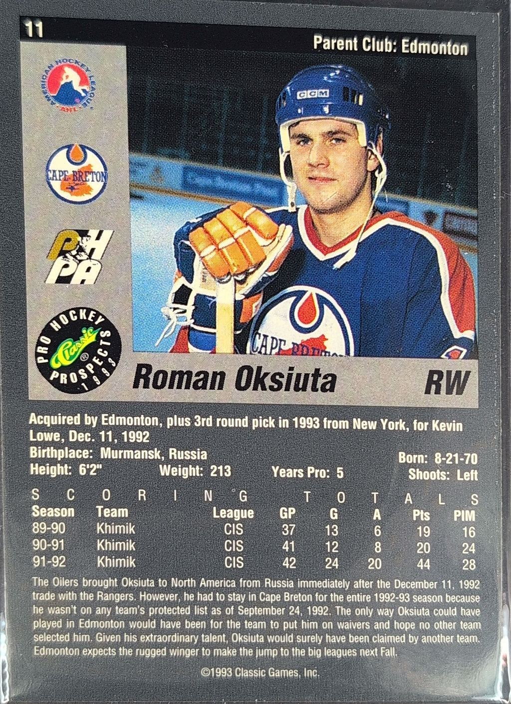 1993 Classic Pro Prospects Roman Oksiuta #11 Cape Breton Oilers back