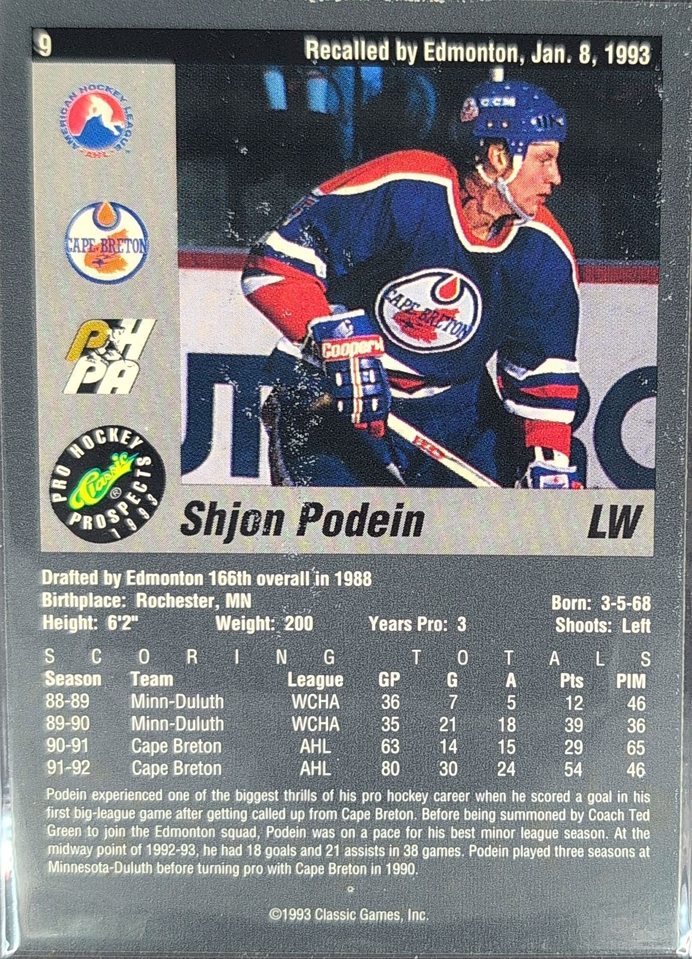 1993 Classic Pro Prospects Shjon Podein #9 Cape Breton Oilers back
