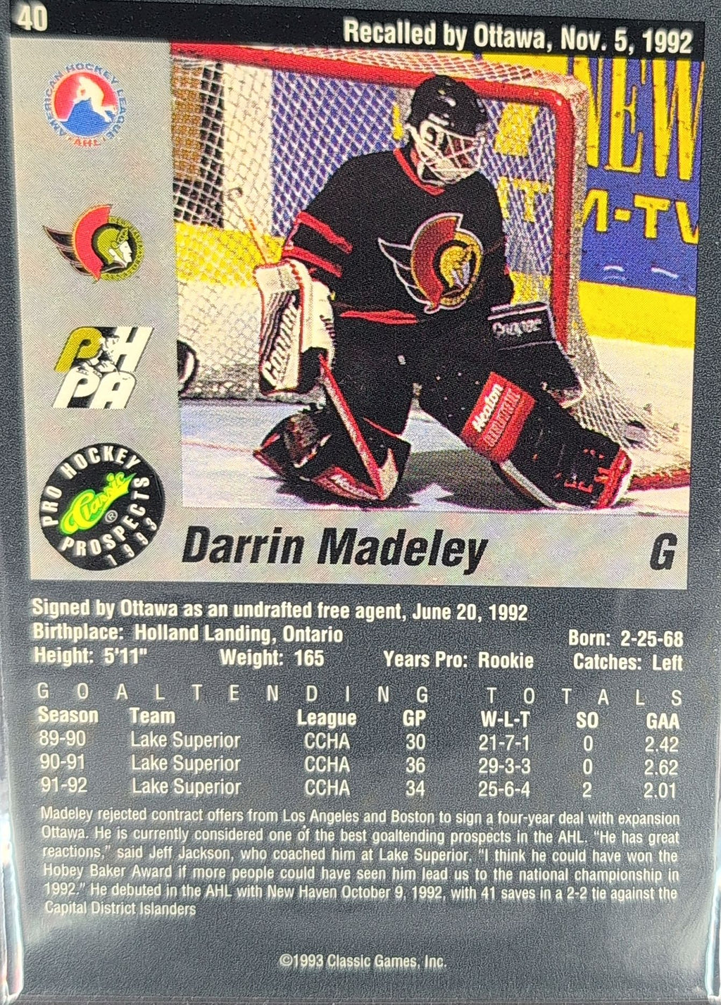 1993 Classic Pro Prospects Darrin Madeley #40 New Haven Senators back