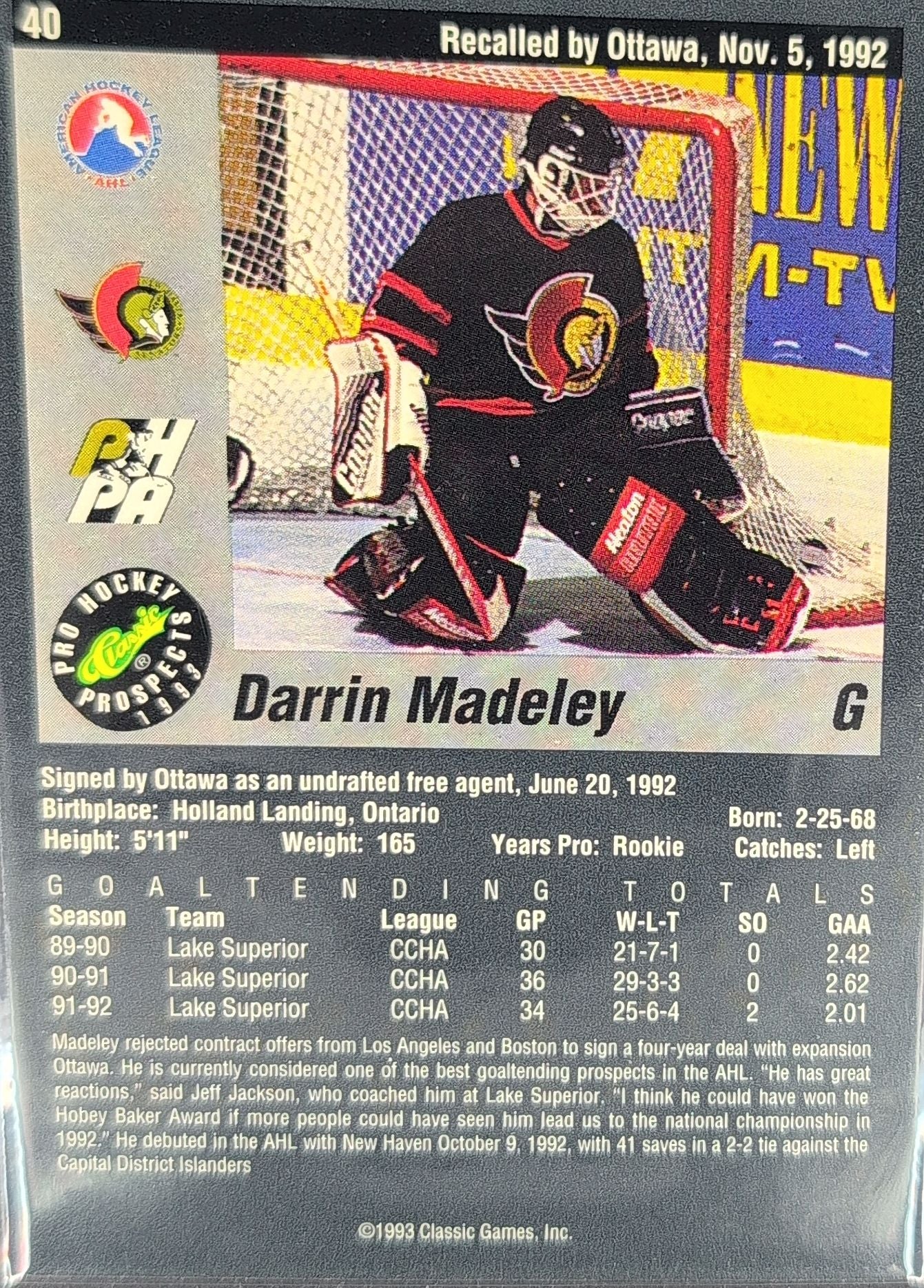 1993 Classic Pro Prospects Darrin Madeley #40 New Haven Senators back