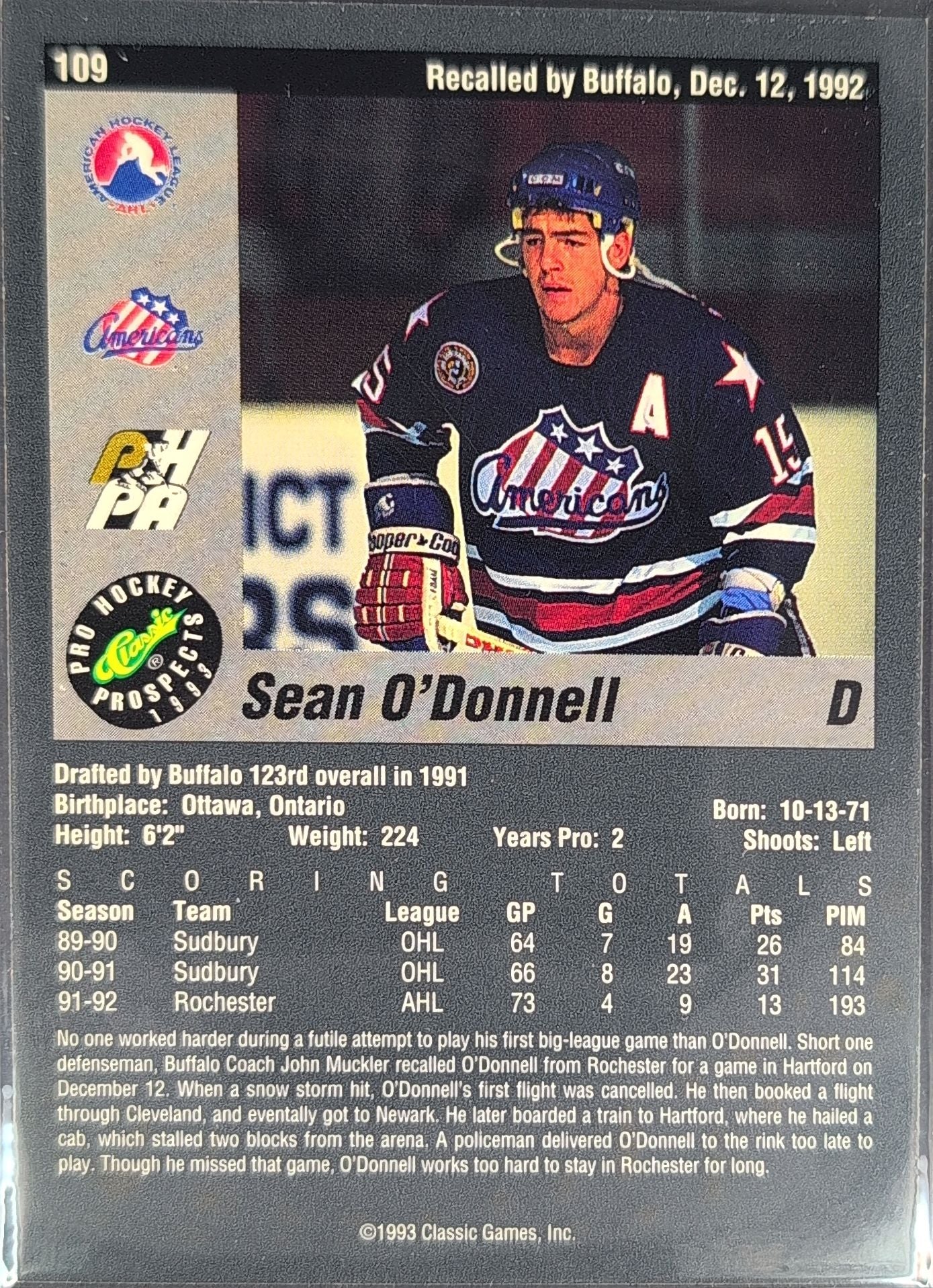 1993 Classic Pro Prospects Sean O'Donnell #109 Rochester Americans back
