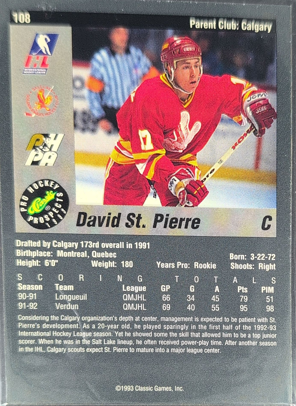 1993 Classic Pro Prospects David St. Pierre #108 Salt Lake Golden Eagles back