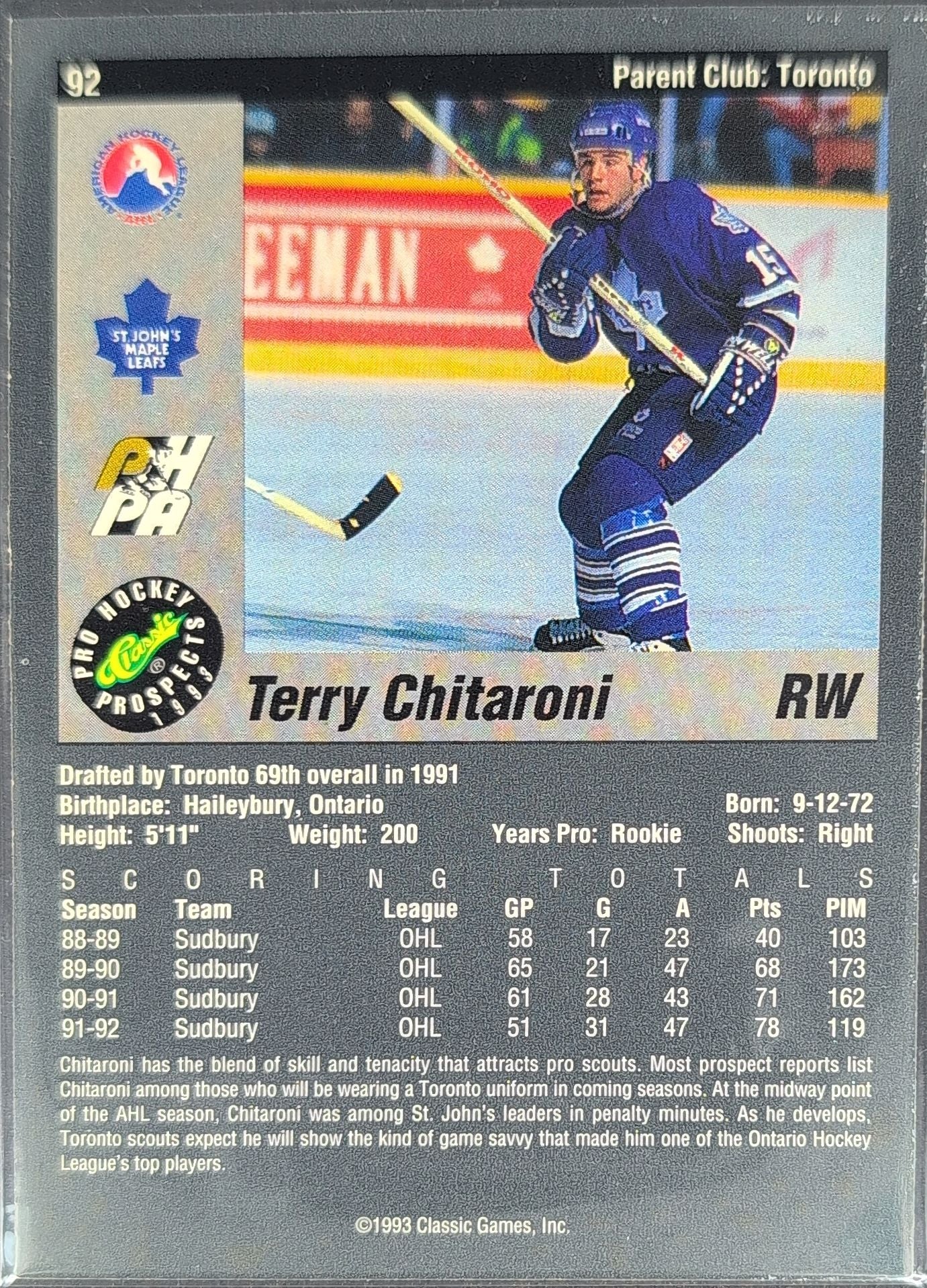 1993 Classic Pro Prospects Terry Chitaroni #92 St. John's Maple Leafs back