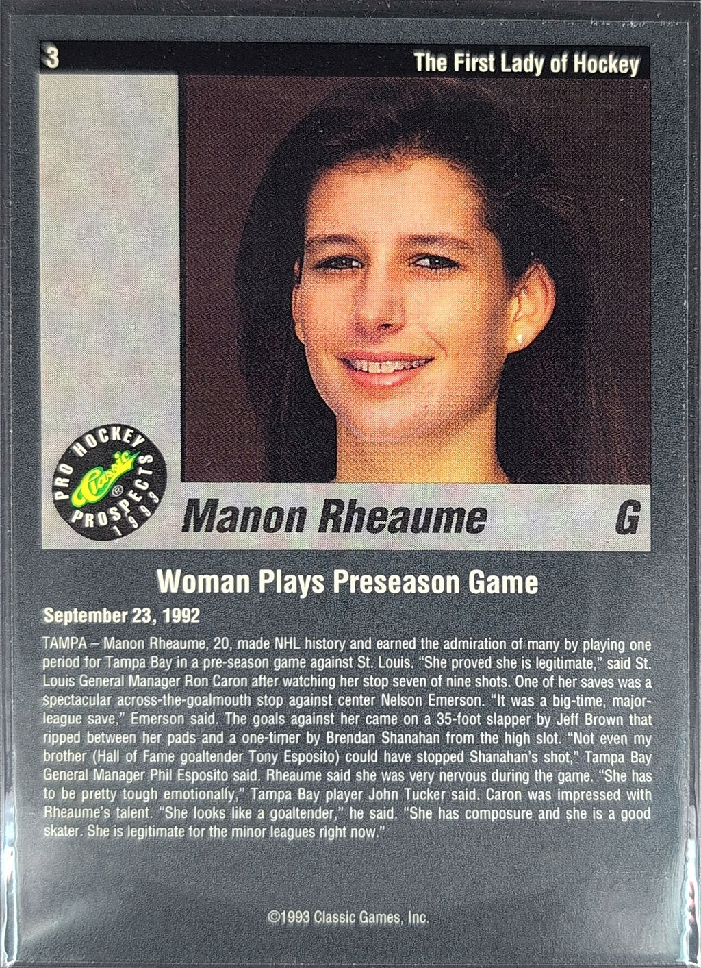 1993 Classic Pro Prospects Manon Rheaume #3 Tampa Bay Lightning back