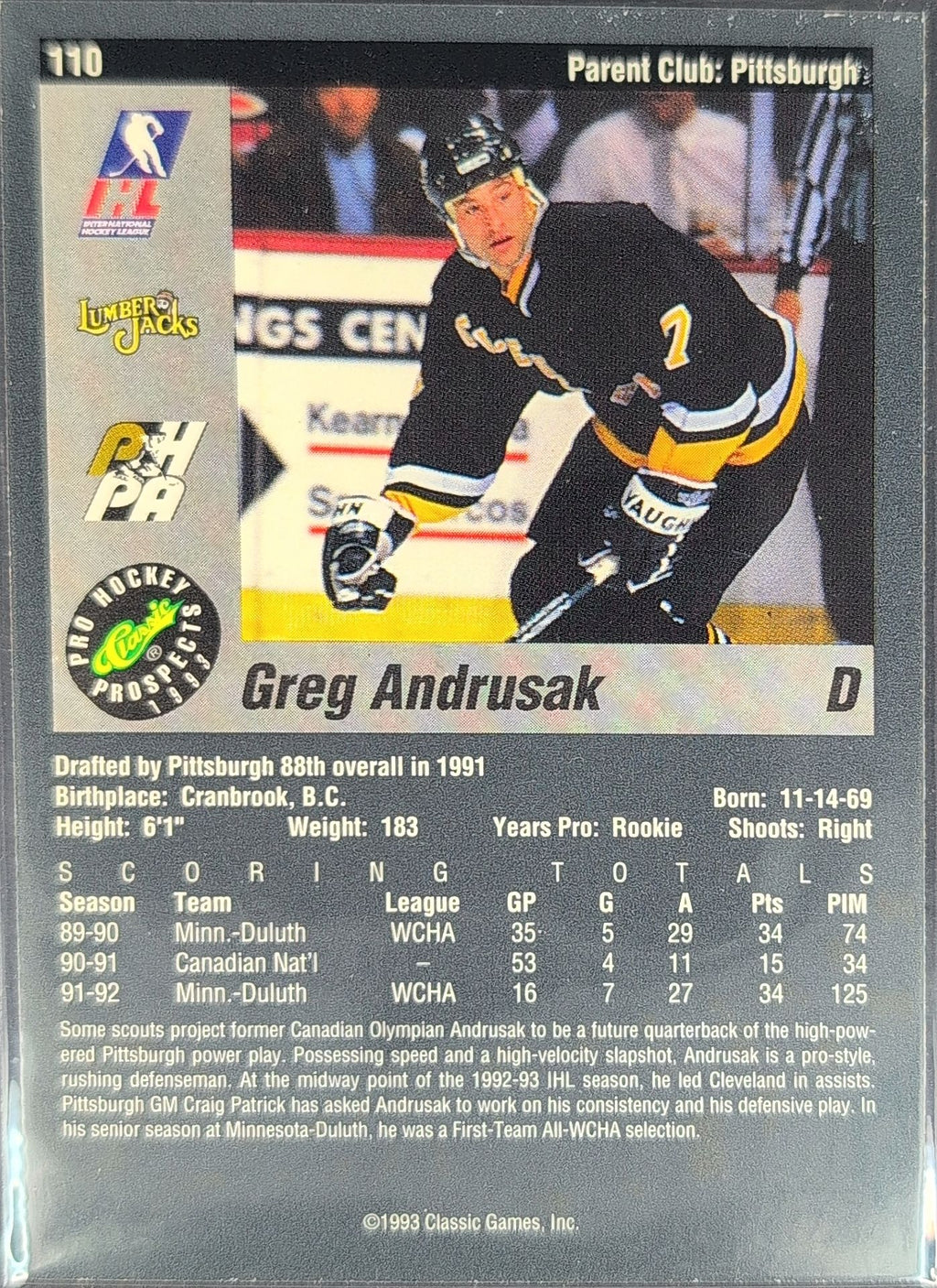 1993 Classic Pro Prospects Greg Andrusak #110 Cleveland Lumberjacks back