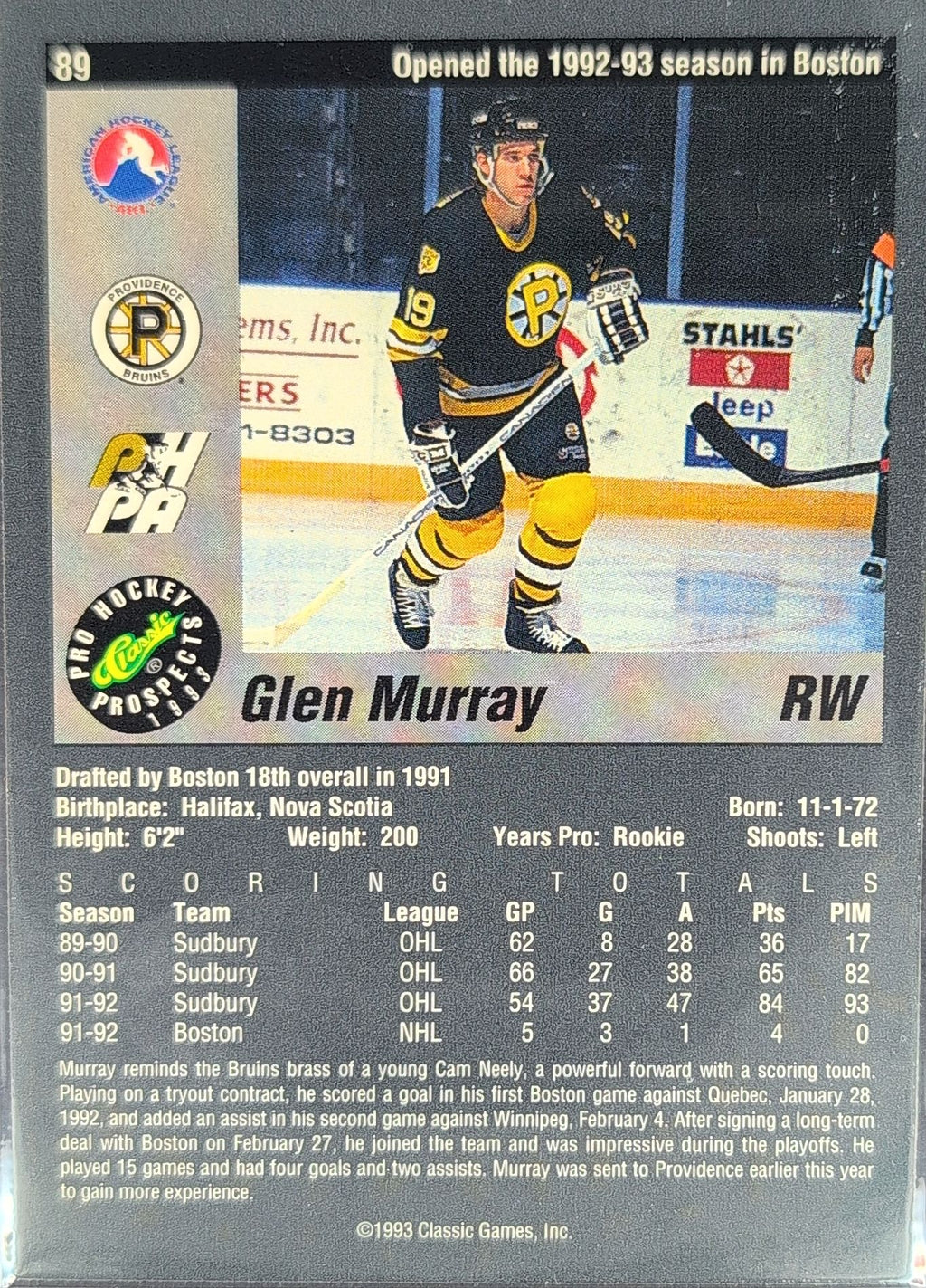 1993 Classic Pro Prospects Glen Murray #89 Providence Bruins back