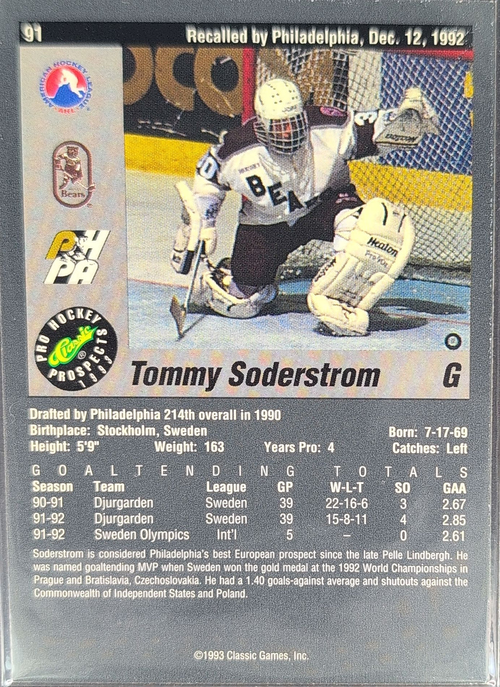 1993 Classic Pro Prospects Tommy Soderstrom #91 Hershey Bears back