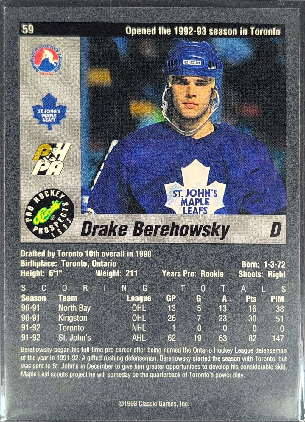 1993 Classic Pro Prospects Drake Berehowsky #59 St. John's Maple Leafs back