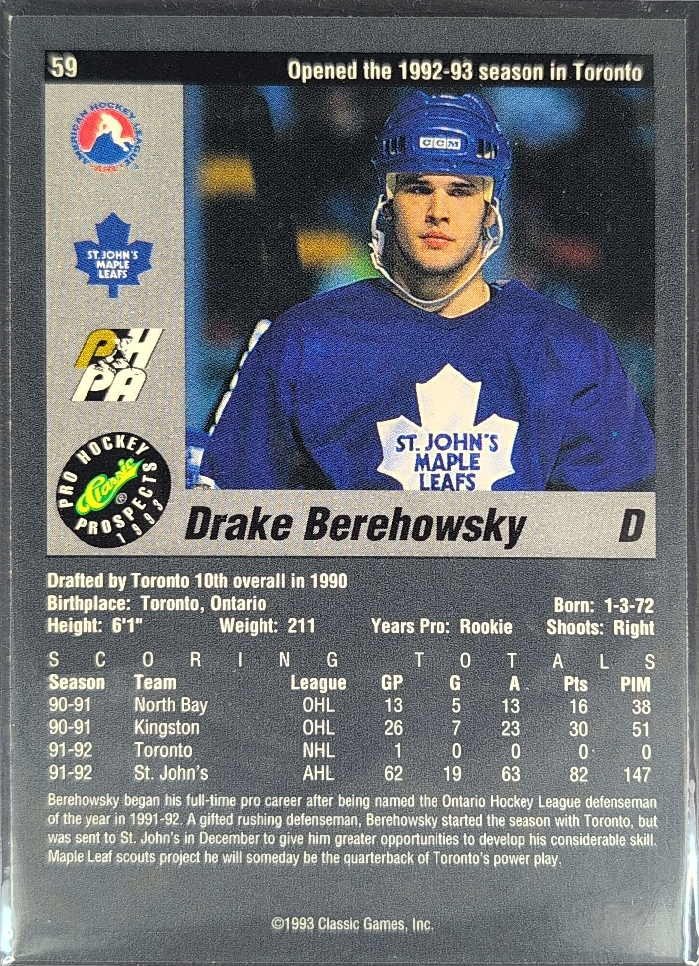1993 Classic Pro Prospects Drake Berehowsky #59 St. John's Maple Leafs back