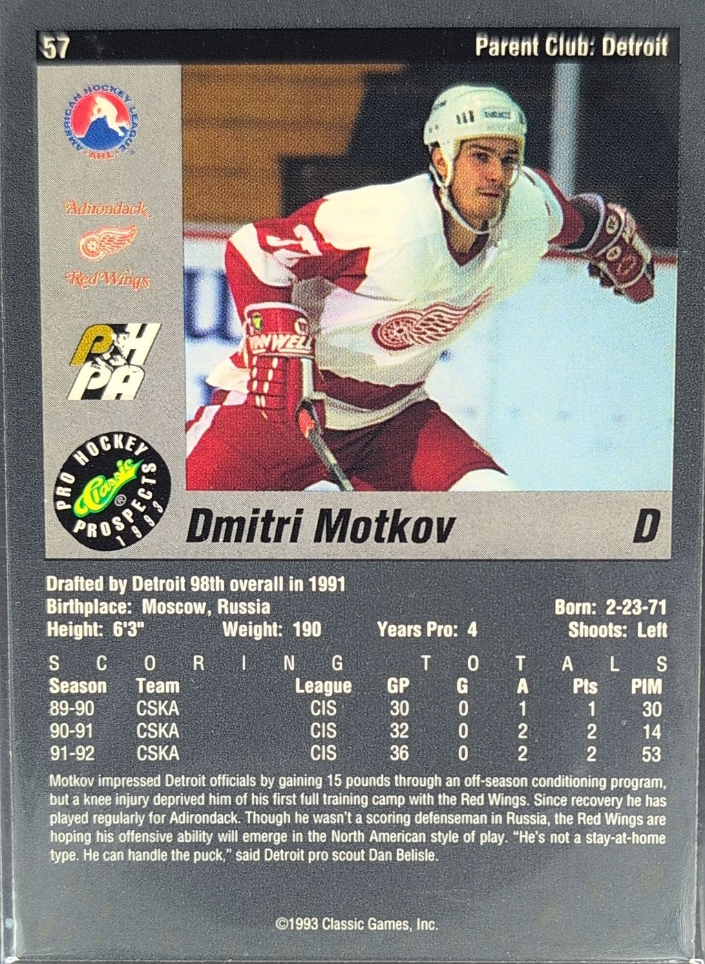 1993 Classic Pro Prospects Dmitri Motkov #57 Adirondack Red Wings back