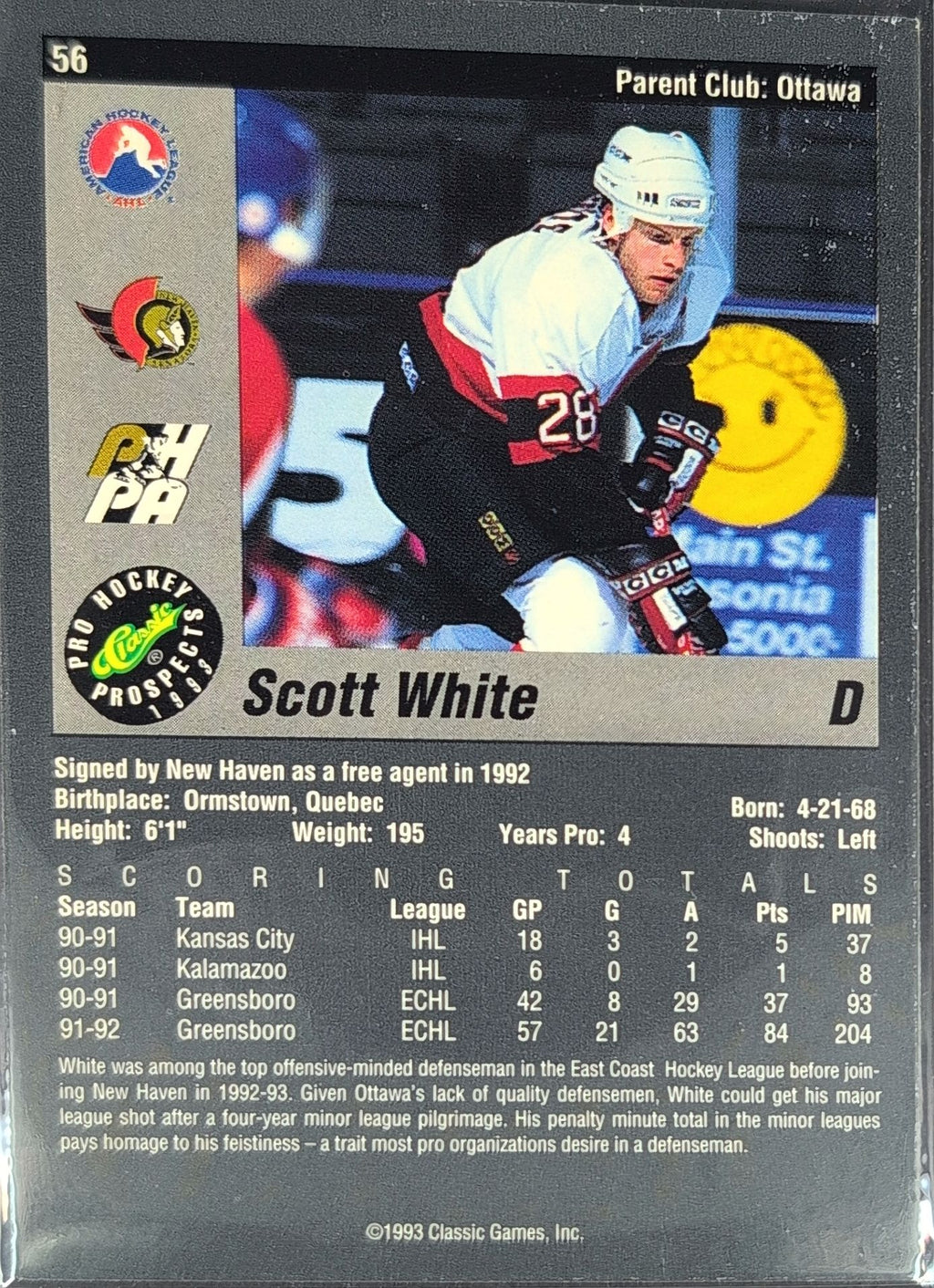 1993 Classic Pro Prospects Scott White #56 New Haven Senators back