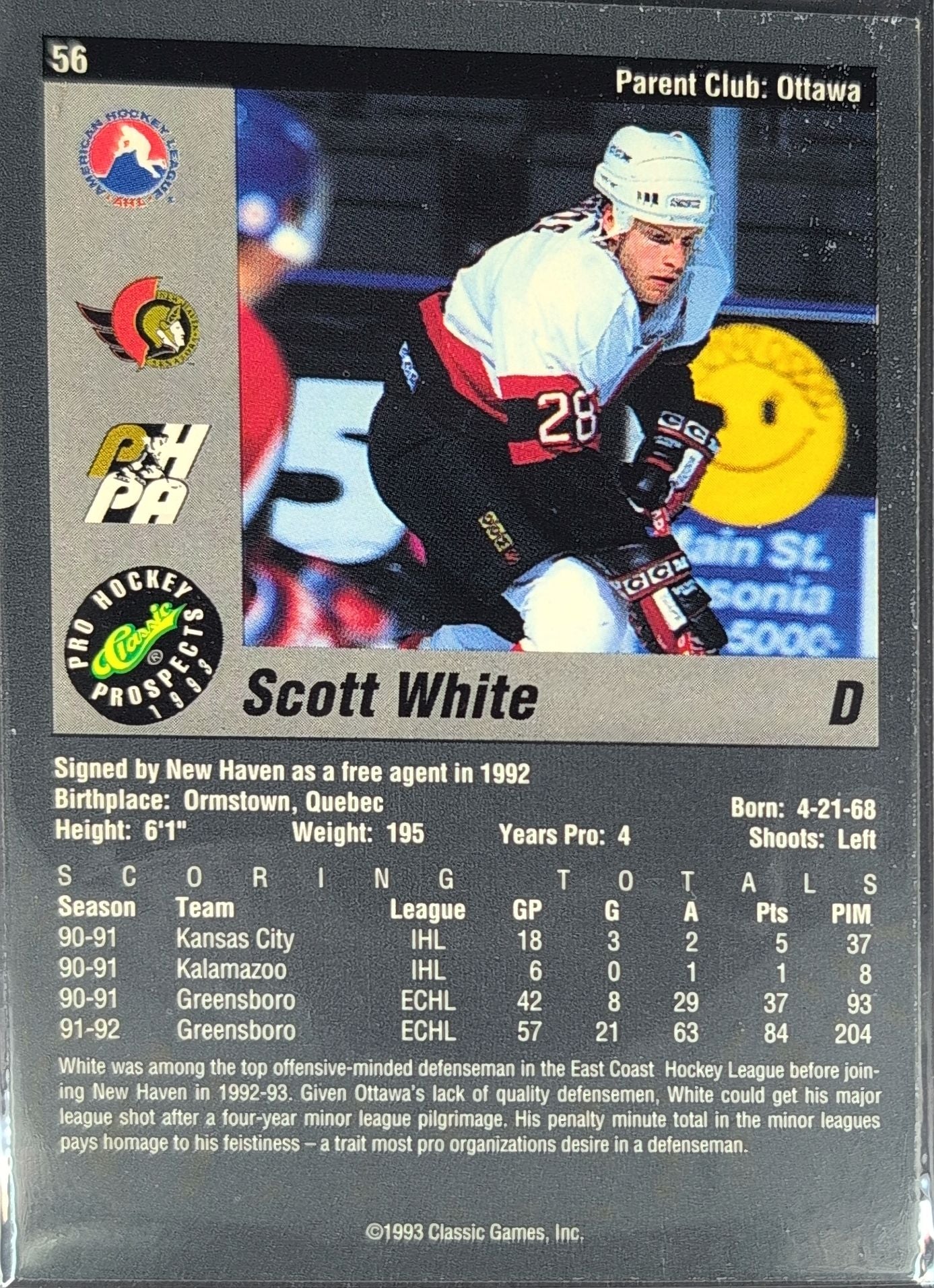1993 Classic Pro Prospects Scott White #56 New Haven Senators back