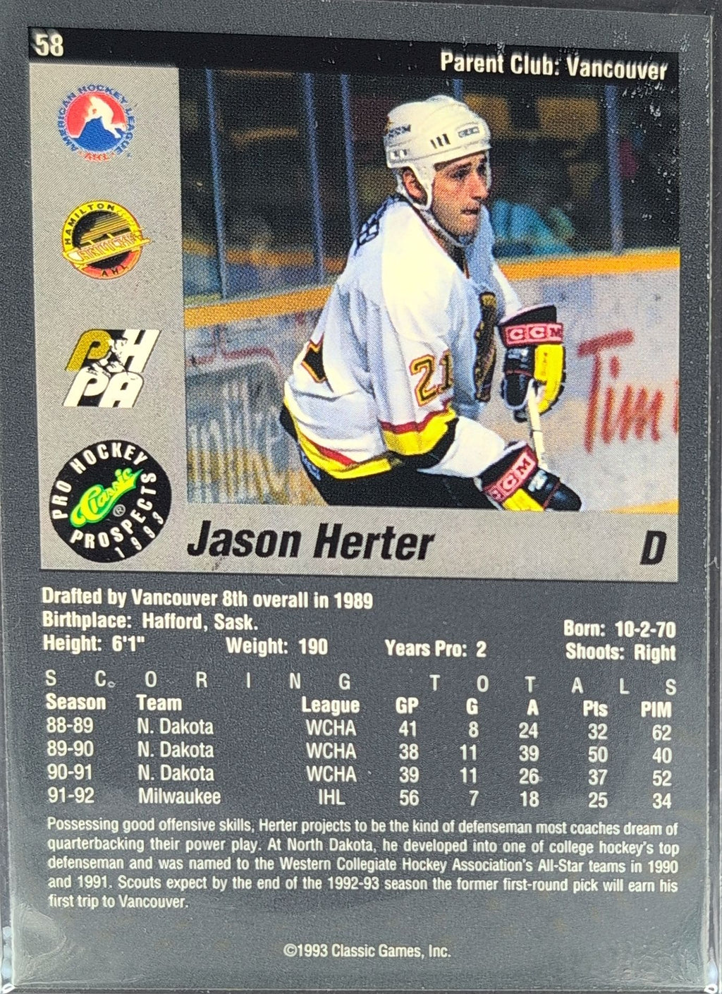 1993 Classic Pro Prospects Jason Herter #58 Hamilton Canucks back