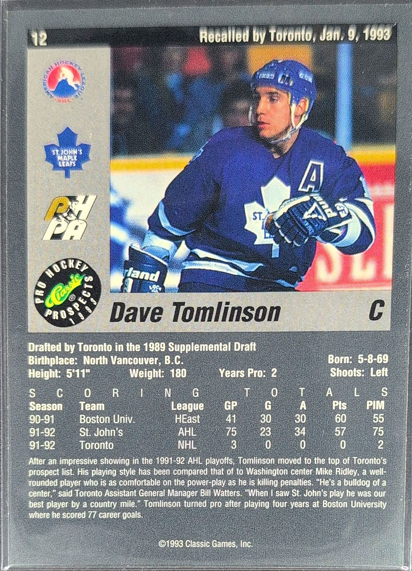1993 Classic Pro Prospects Dave Tomlinson #12 St. John's Maple Leafs back