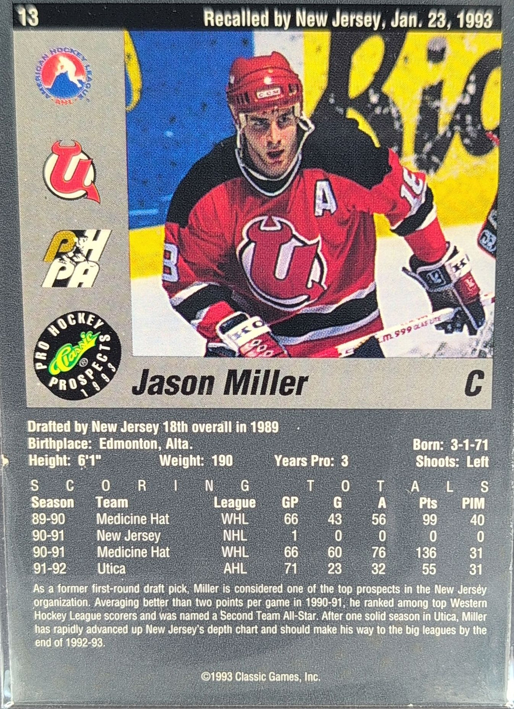 1993 Classic Pro Prospects Jason Miller #13 Utica Devils back