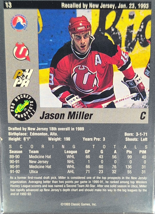 1993 Classic Pro Prospects Jason Miller #13 Utica Devils back