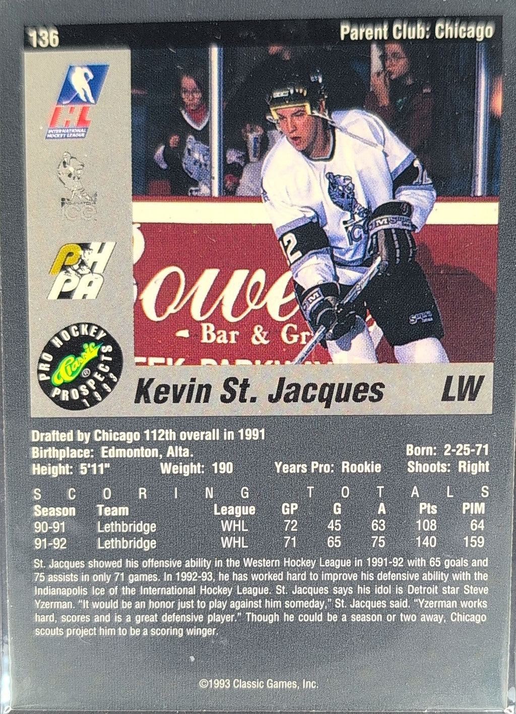 1993 Classic Pro Prospects Kevin St. Jacques #136 Indianapolis Ice back