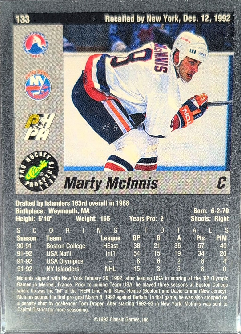 1993 Classic Pro Prospects Marty McInnis #133 Capital District Islanders back