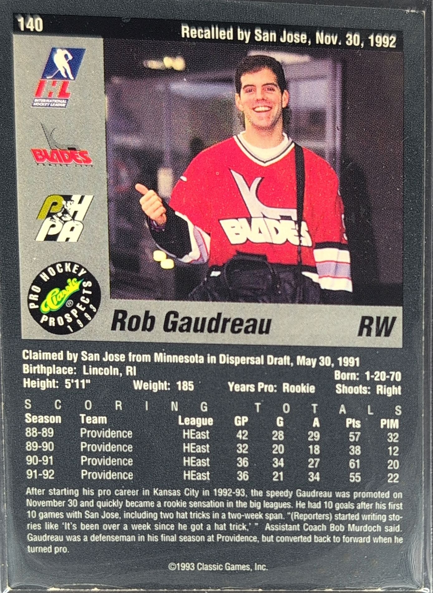 1993 Classic Pro Prospects Rob Gaudreau #140 Kansas City Blades back