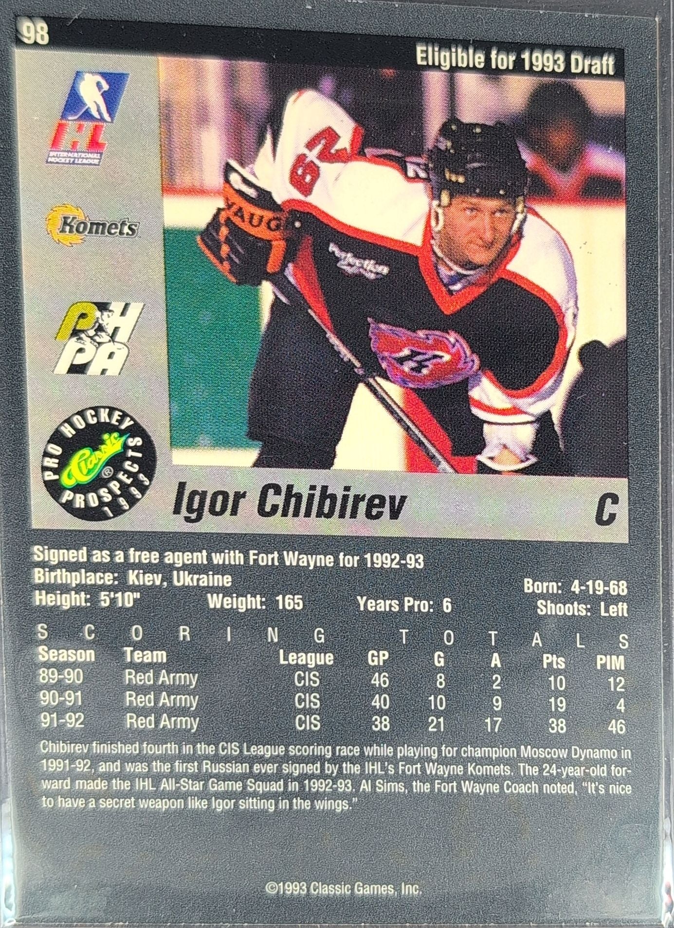 1993 Classic Pro Prospects Igor Chibirev #98 Fort Wayne Komets back