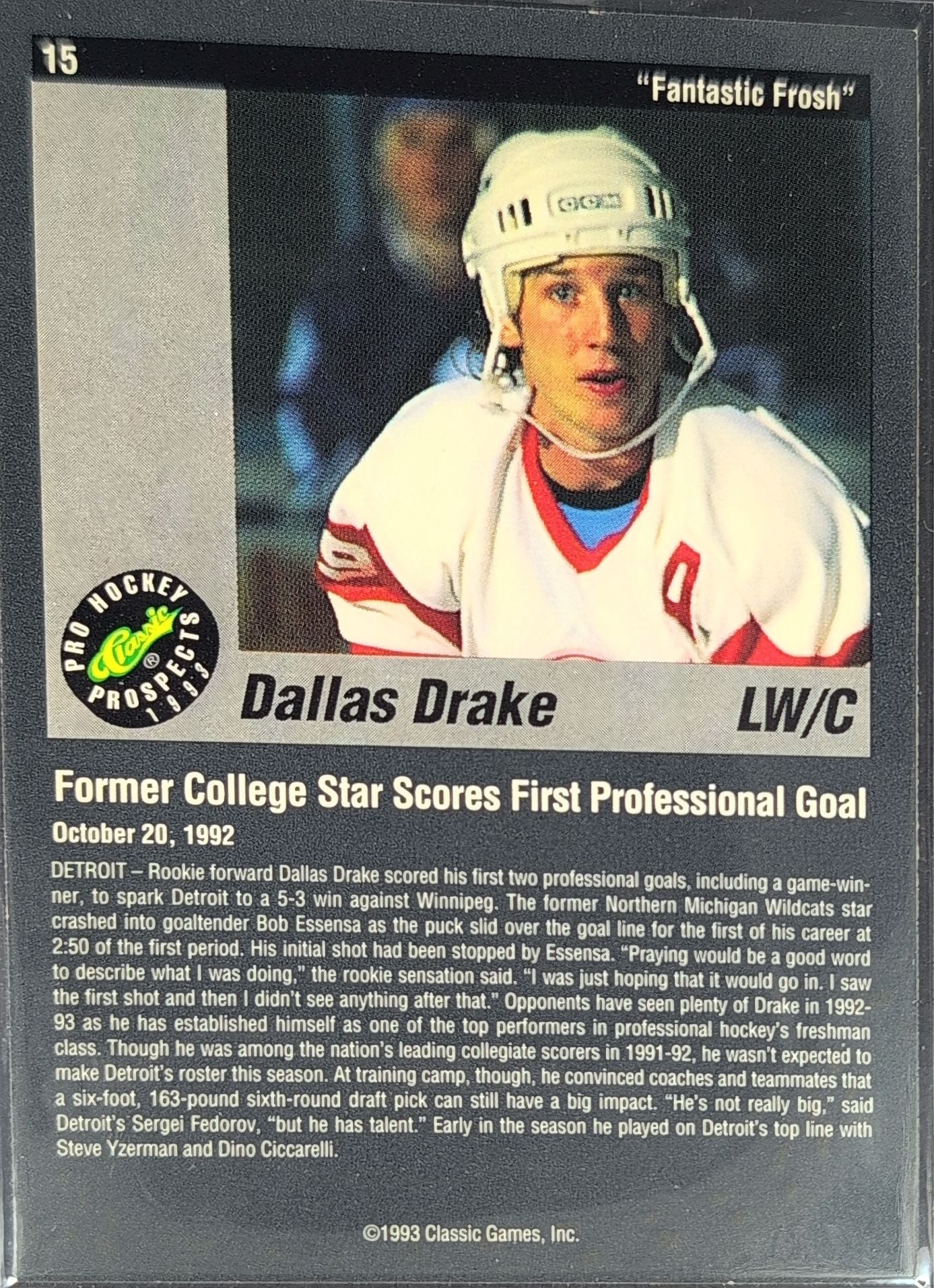 1993 Classic Pro Prospects Dallas Drake #15 Detroit Red Wings back