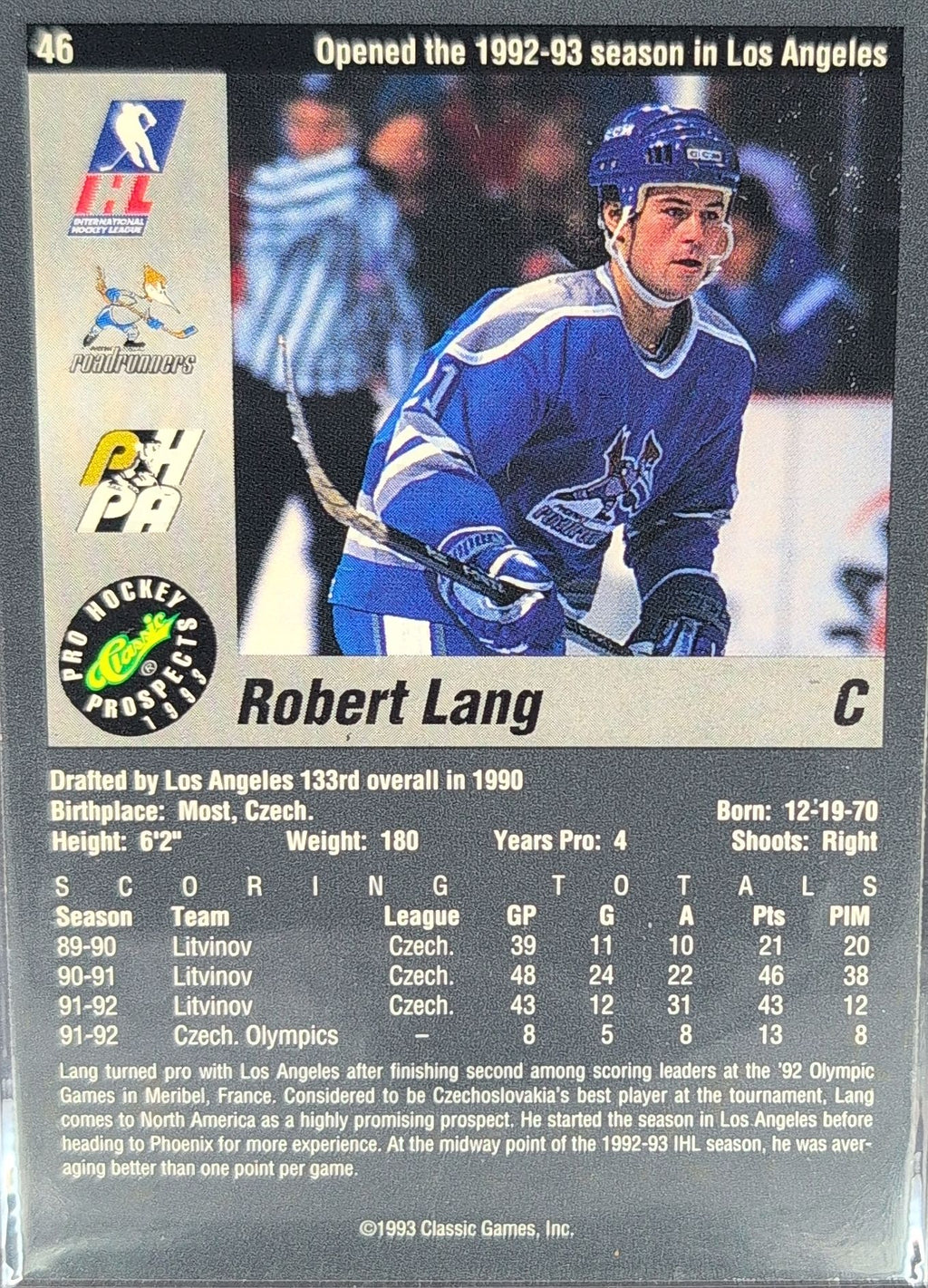 1993 Classic Pro Prospects Robert Lang #46 Phoenix Roadrunners back