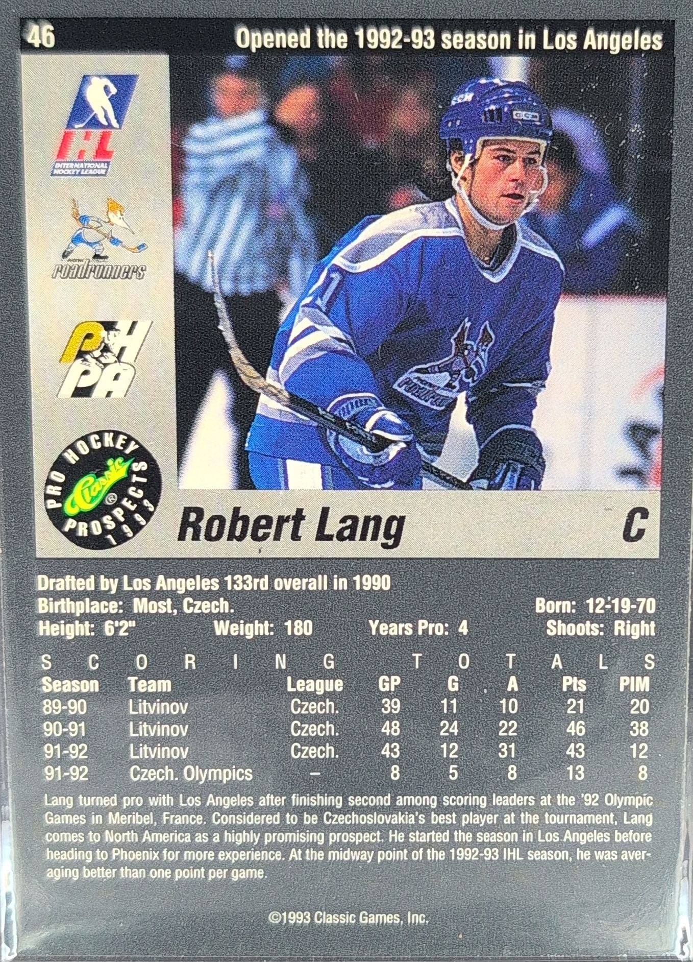 1993 Classic Pro Prospects Robert Lang #46 Phoenix Roadrunners back