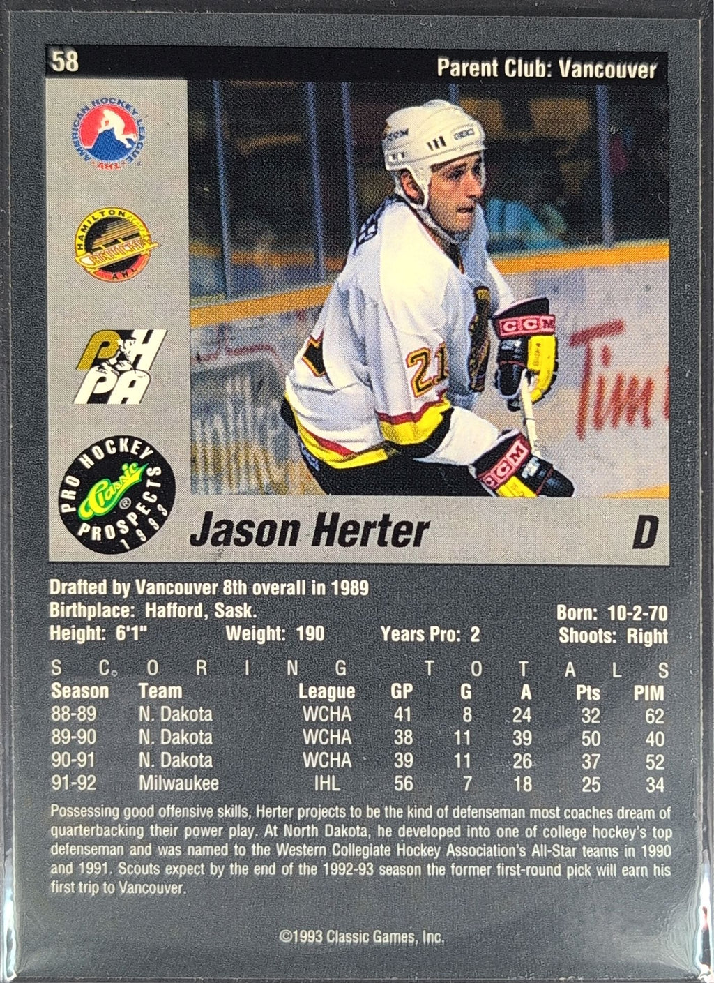 1993 Classic Pro Prospects Jason Herter #58 Hamilton Canucks back