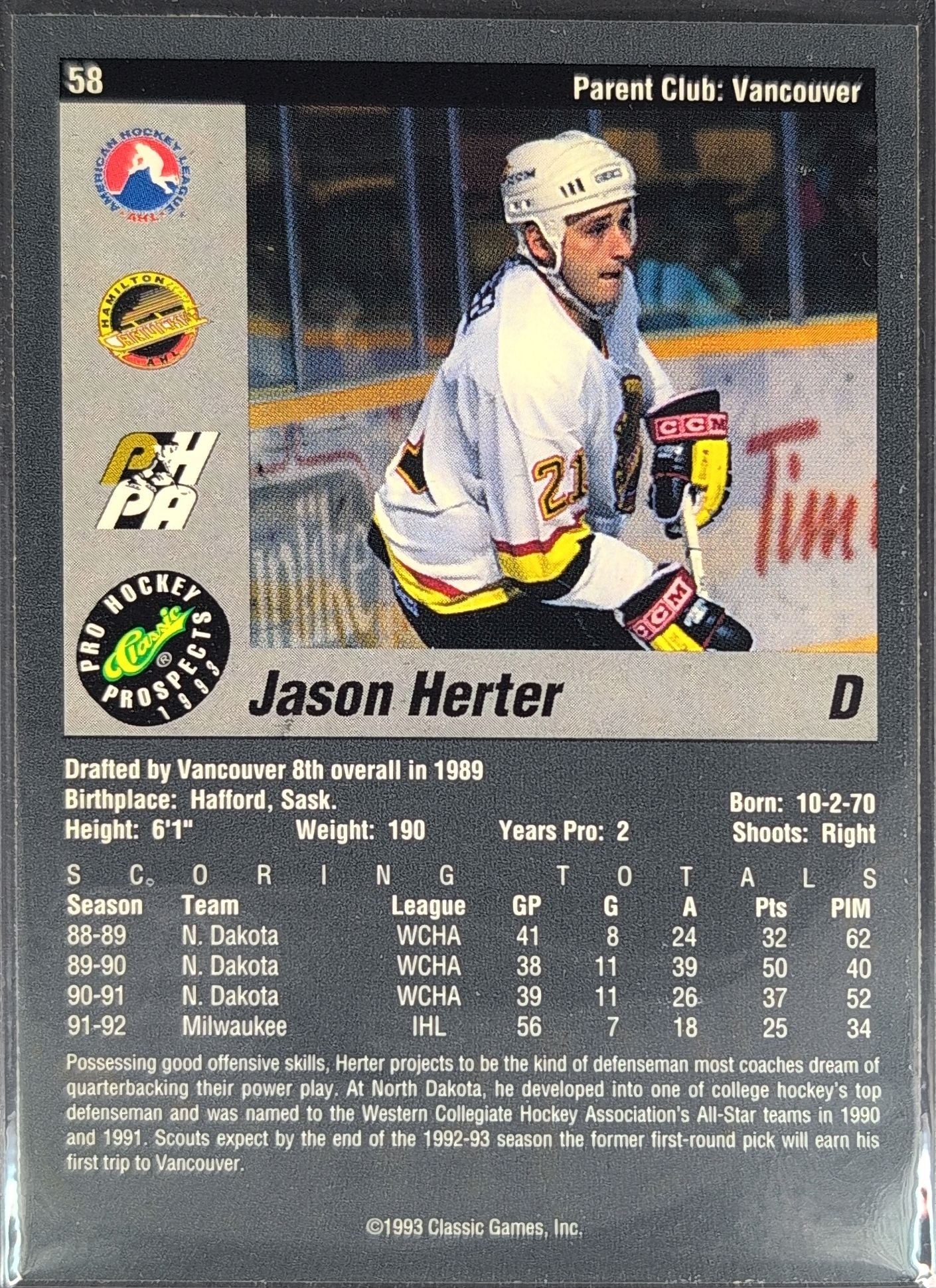 1993 Classic Pro Prospects Jason Herter #58 Hamilton Canucks back