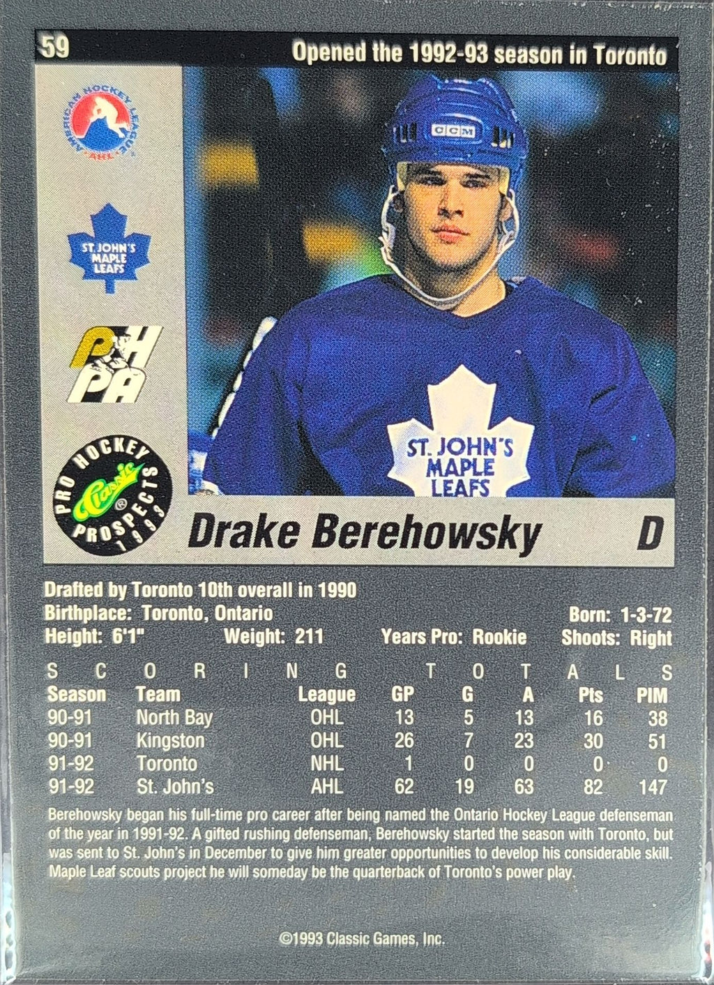 1993 Classic Pro Prospects Drake Berehowsky #59 St. John's Maple Leafs back