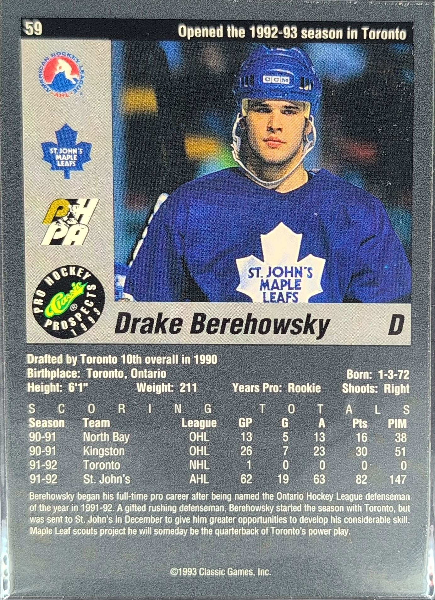 1993 Classic Pro Prospects Drake Berehowsky #59 St. John's Maple Leafs back