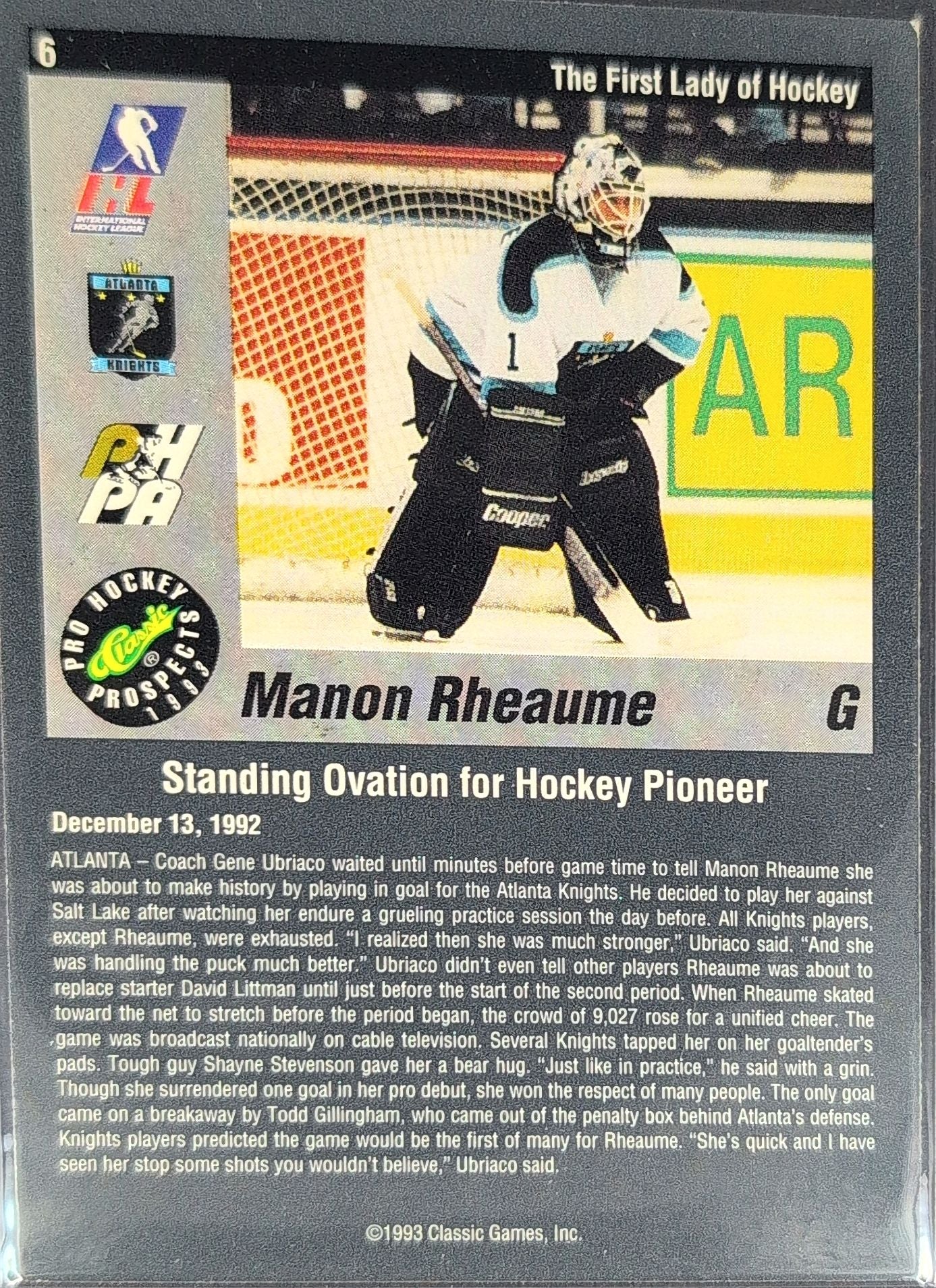 1993 Classic Pro Prospects Manon Rheaume #6 Atlanta Knights back