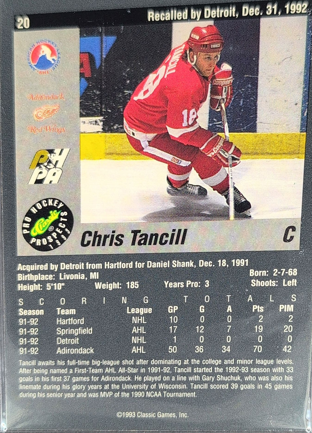 1993 Classic Pro Prospects Chris Tancill #20 Adirondack Red Wings back