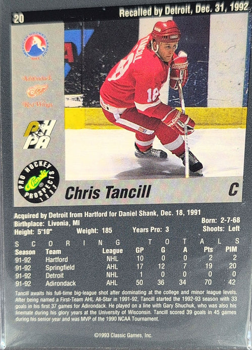 1993 Classic Pro Prospects Chris Tancill #20 Adirondack Red Wings back