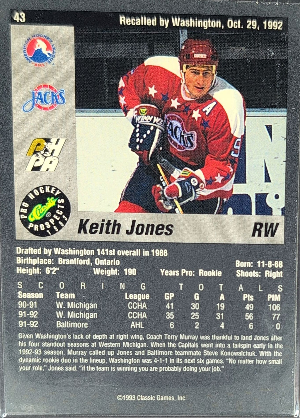 1993 Classic Pro Prospects Keith Jones #43 Baltimore Skipjacks back