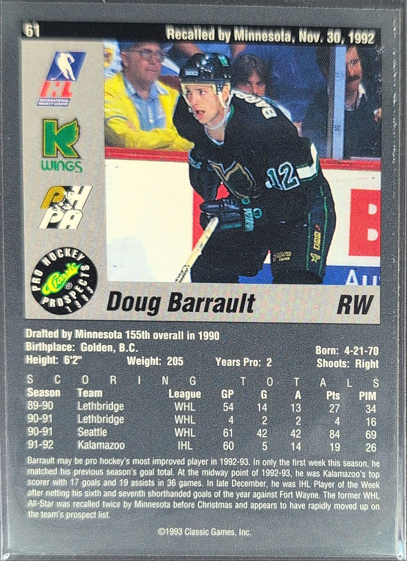 1993 Classic Pro Prospects Doug Barrault #61 Kalamazoo Wings back