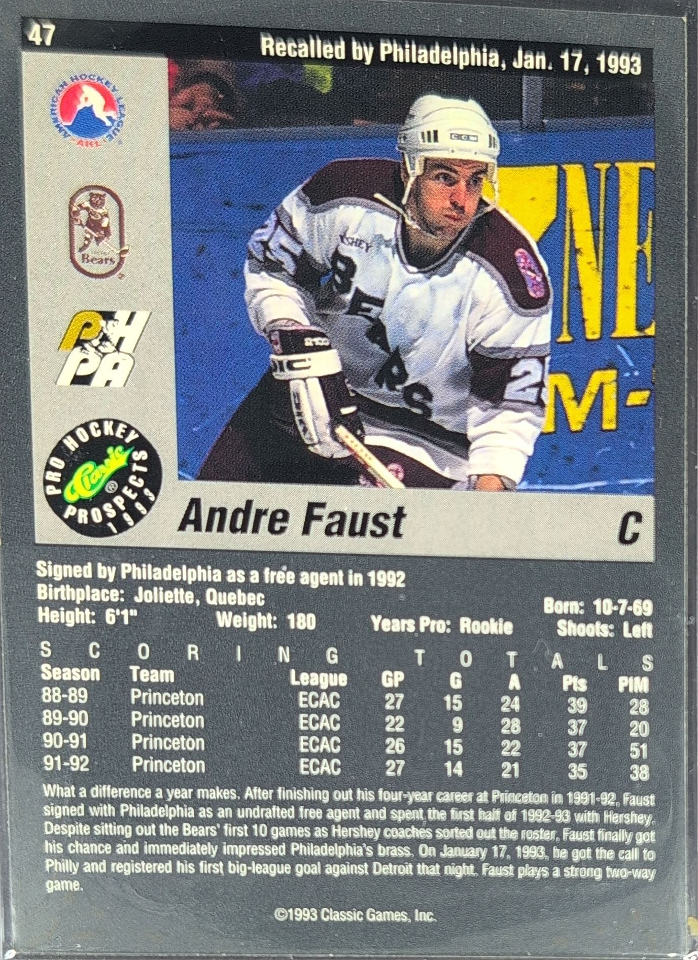 1993 Classic Pro Prospects Andre Faust #47 Hershey Bears back