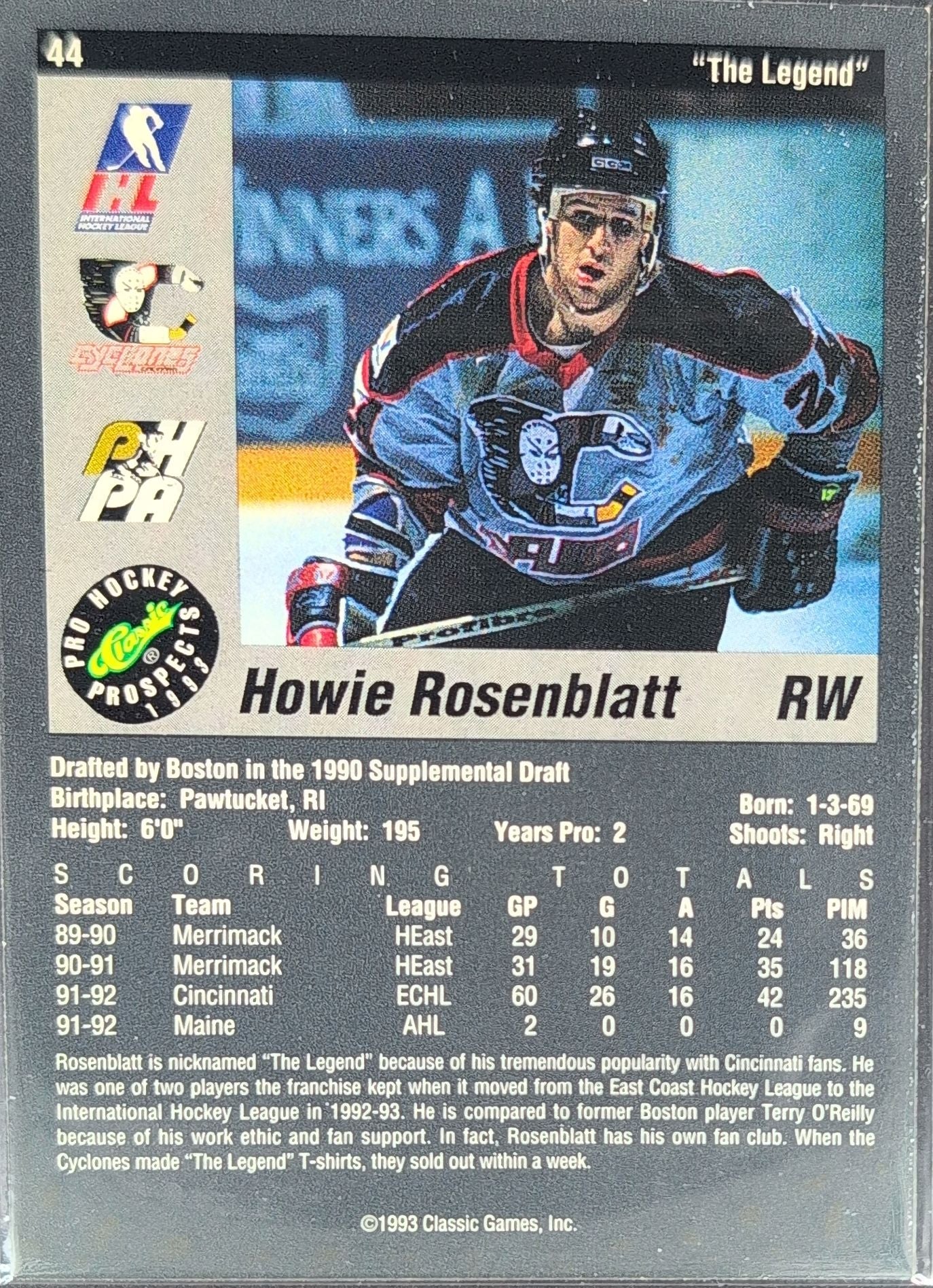 1993 Classic Pro Prospects Howie Rosenblatt #44 Cincinnati Cyclones back