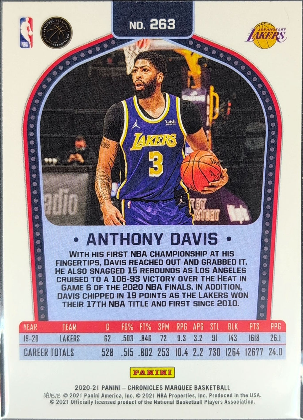 2020-21 Panini Chronicles Anthony Davis #263 Los Angeles Lakers back