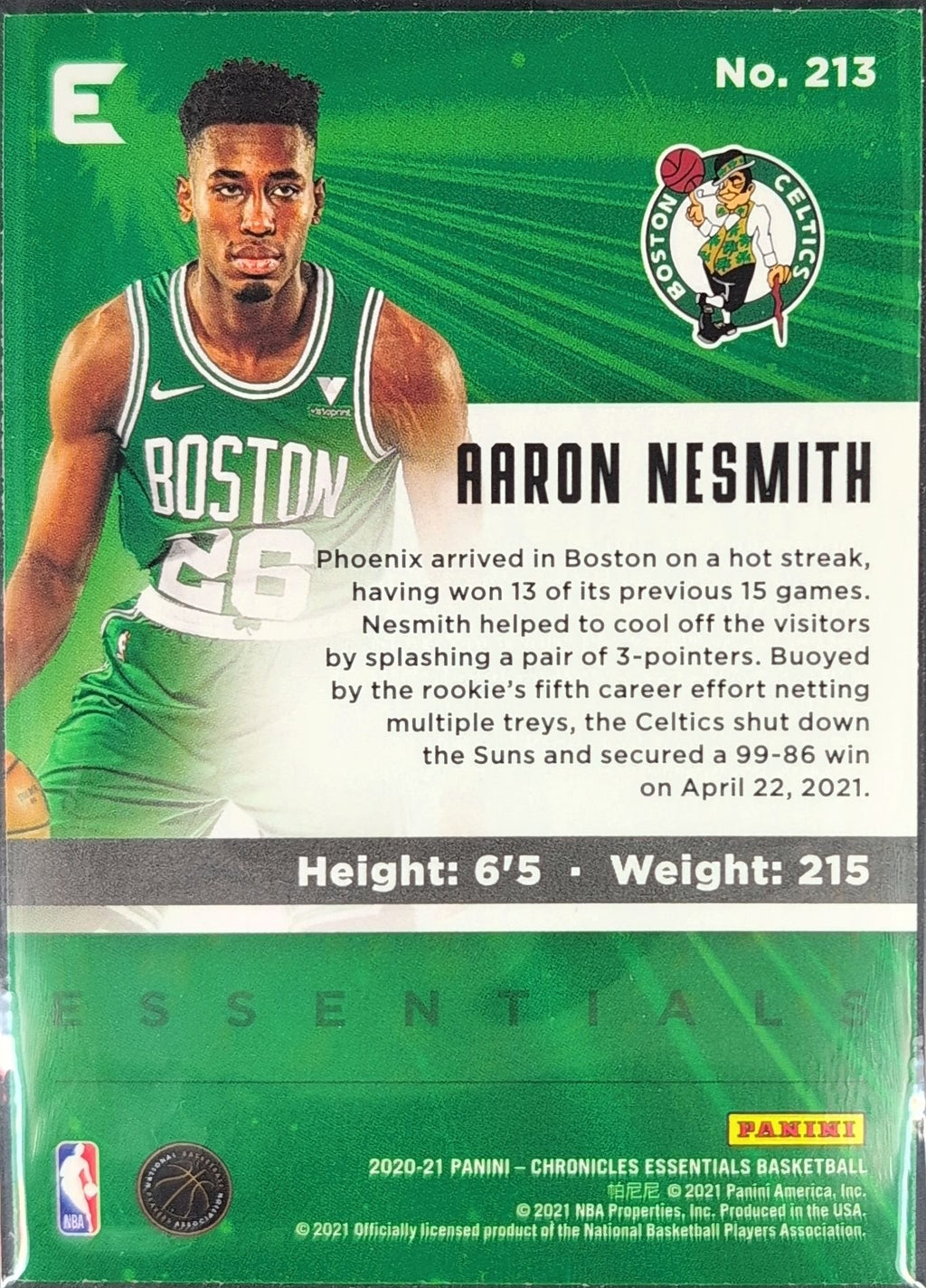 Aaron Nesmith 2020-21 Panini Chronicles #213 Bronze Rookie RC Boston Celtics - back image