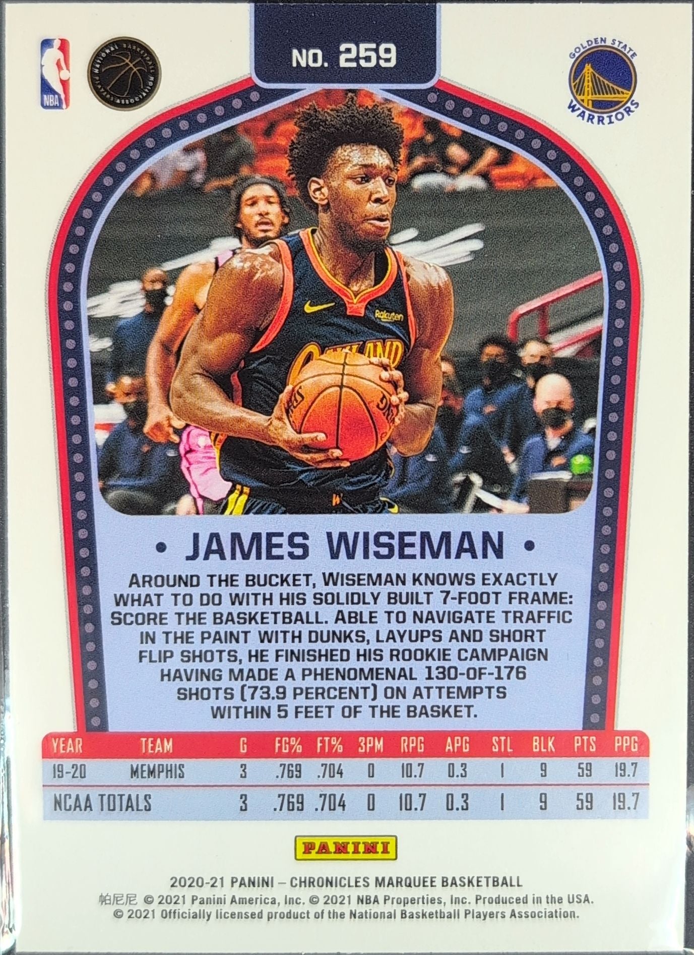 2020-21 Panini Chronicles James Wiseman #259 RC Golden State Warriors back